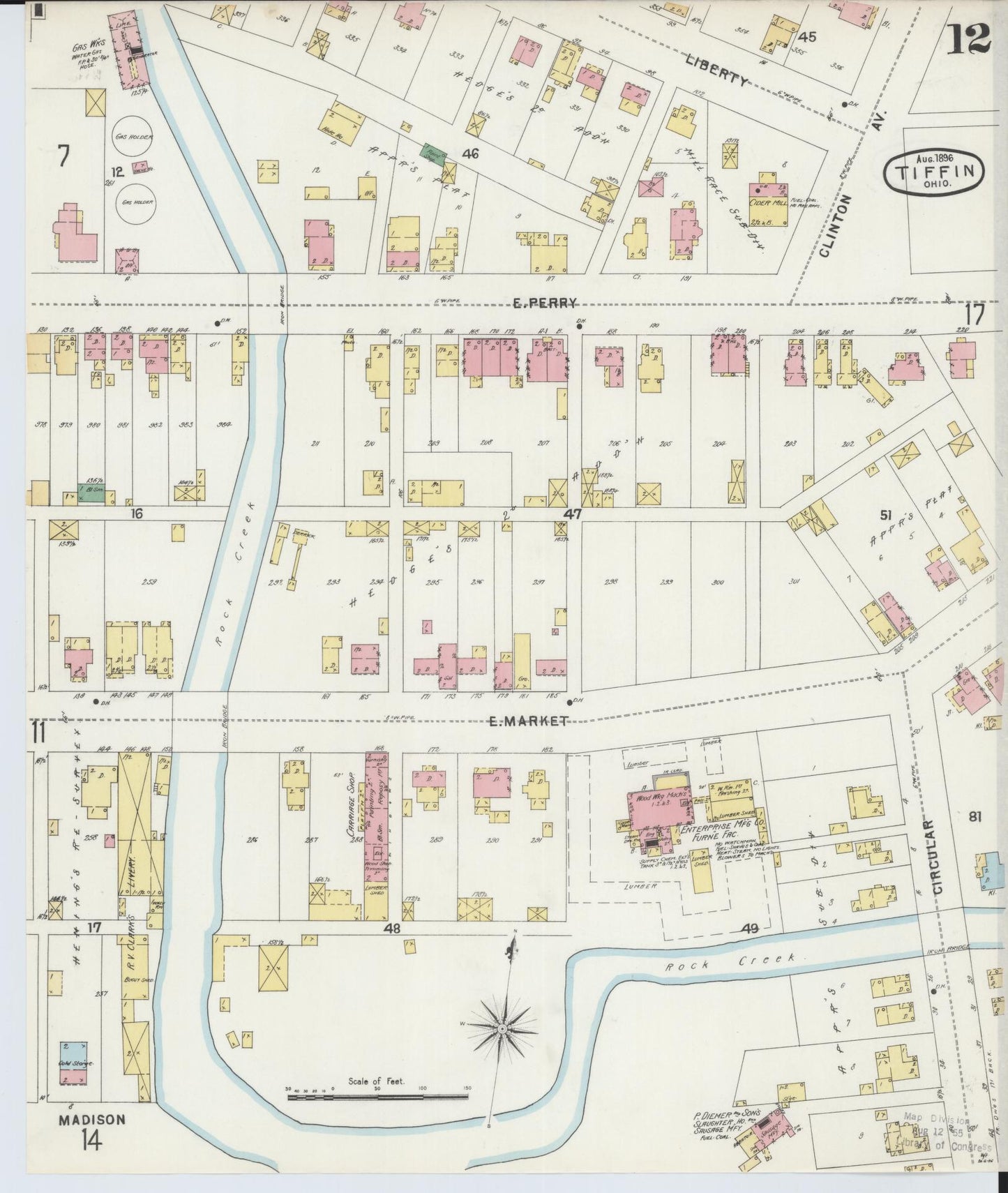 Sanborn Fire Insurance Map from Tiffin, Seneca County, Ohio (1896), Sheet #0012 - Historic Sanborn Fire Insurance Map Print, vintage old map wall art, antique decor, genealogy gift, Ohio Ohio map