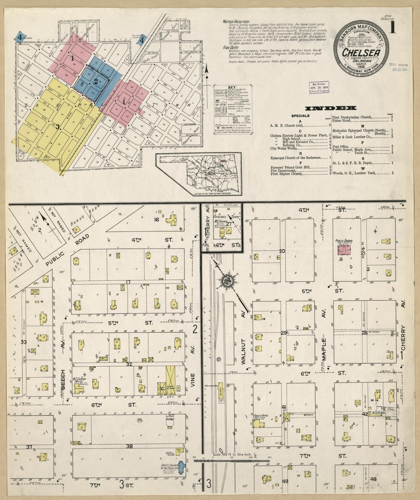 Sanborn Fire Insurance Map from Chelsea, Rogers County, Oklahoma (1914), Sheet #0001 - Historic Sanborn Fire Insurance Map Print, vintage old map wall art, antique decor, genealogy gift, Oklahoma Oklahoma map