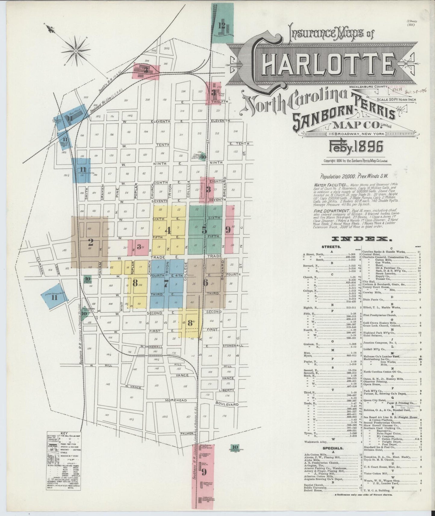 Sanborn Fire Insurance Map from Charlotte, Mecklenburg County, North Carolina (1896), Sheet #0001 - Historic Sanborn Fire Insurance Map Print, vintage old map wall art, antique decor, genealogy gift, North Carolina North Carolina map