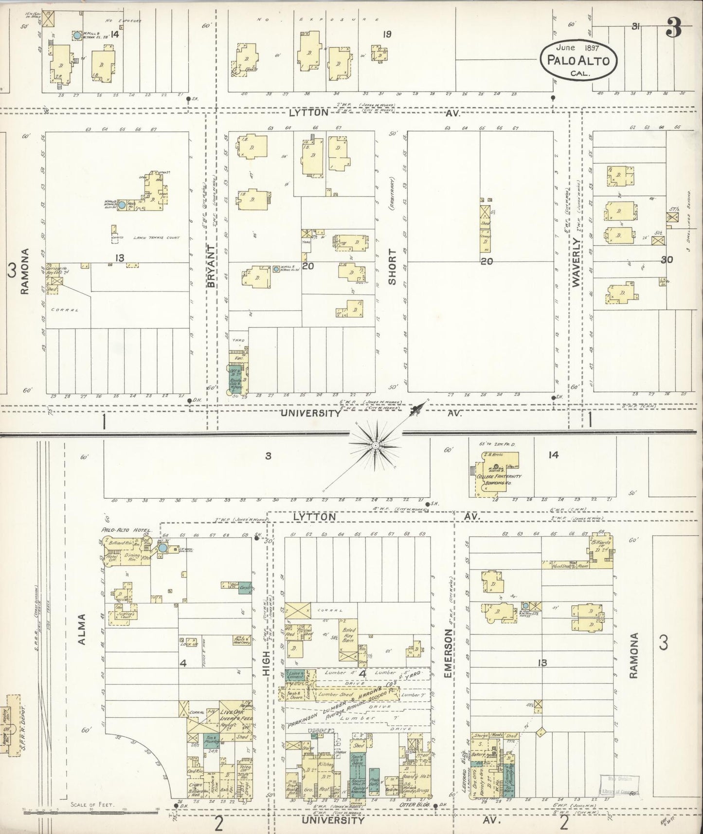 Sanborn Fire Insurance Map from Palo Alto, Santa Clara County, California (1897), Sheet #0003 - Complete Map Set gallery image, historic Sanborn map, vintage wall art, California California