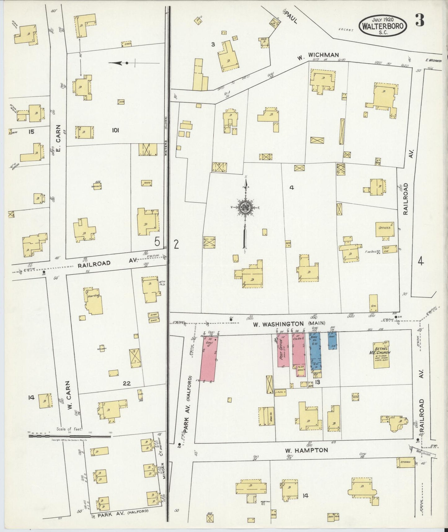 Sanborn Fire Insurance Map from Walterboro, Colleton County, South Carolina (1920), Sheet #0003 - Historic Sanborn Fire Insurance Map Print, vintage old map wall art, antique decor, genealogy gift, South Carolina South Carolina map
