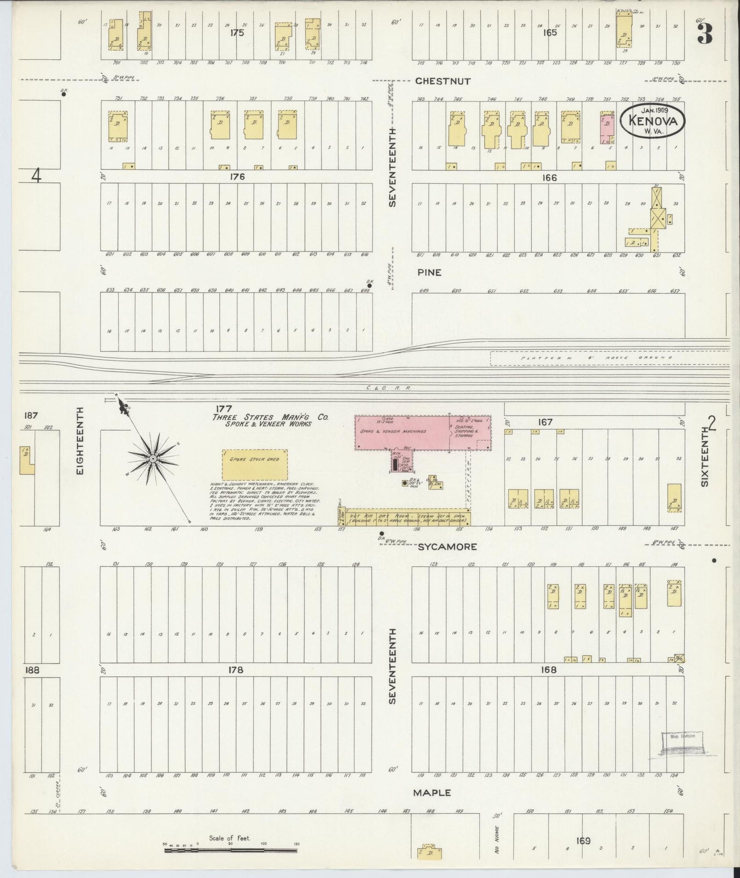 Sanborn Fire Insurance Map from Kenova, Wayne County, West Virginia (1909), Sheet #0003 - Historic Sanborn Fire Insurance Map Print, vintage old map wall art, antique decor, genealogy gift, West Virginia West Virginia map