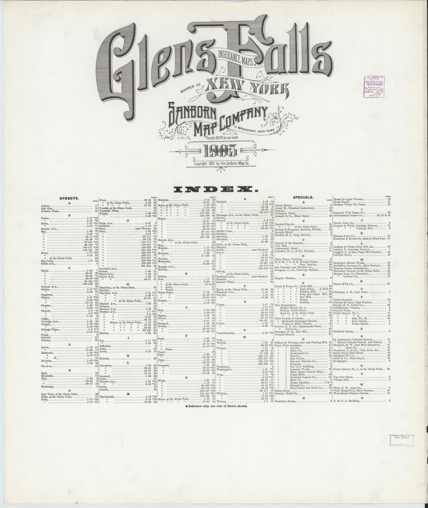 Sanborn Fire Insurance Map from Glens Falls, Warren County, New York. (1905) – Historic Sanborn Fire Insurance Map Print