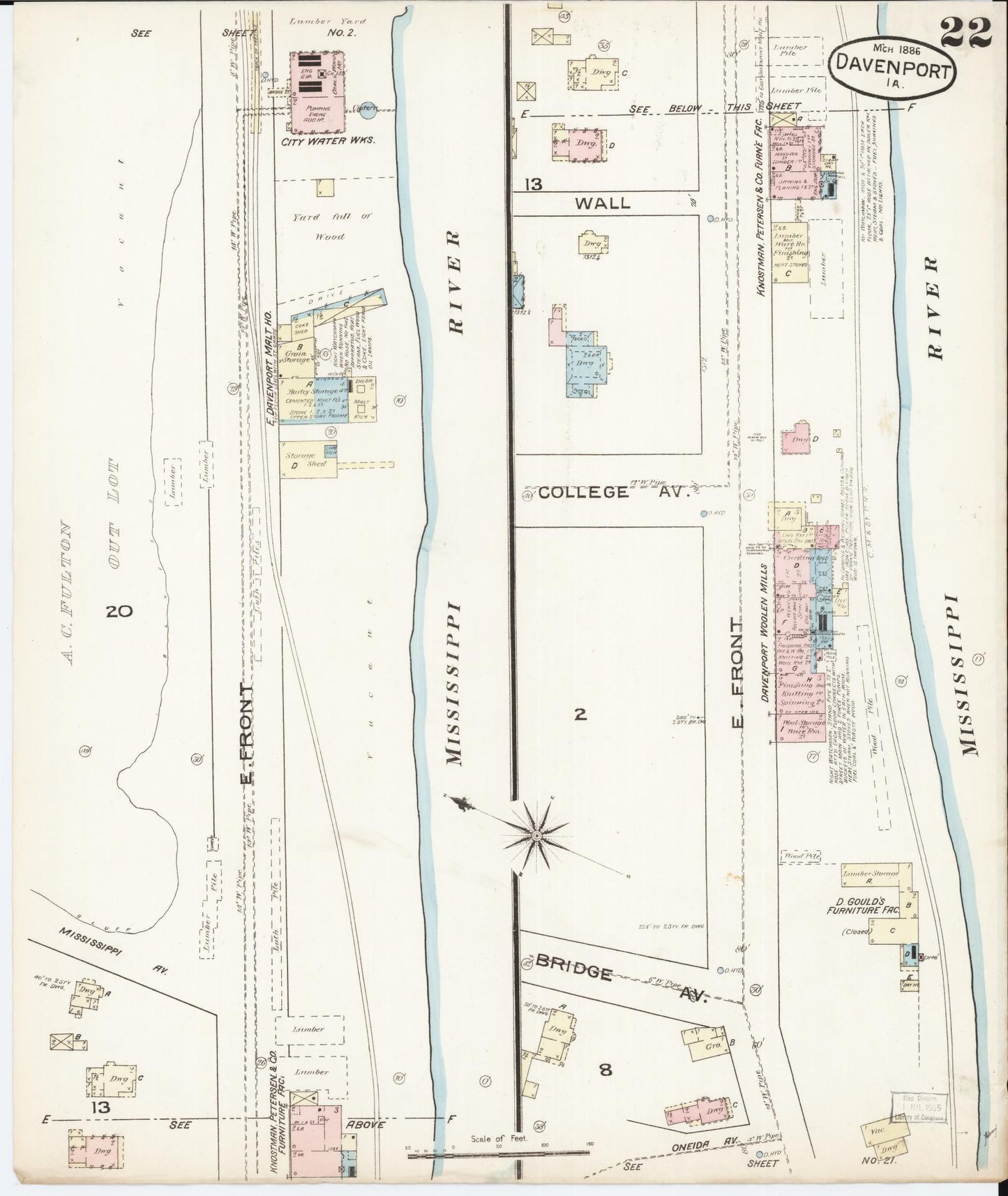 Sanborn Fire Insurance Map from Davenport, Scott County, Iowa (1886), Sheet #0022 - Historic Sanborn Fire Insurance Map Print, vintage old map wall art