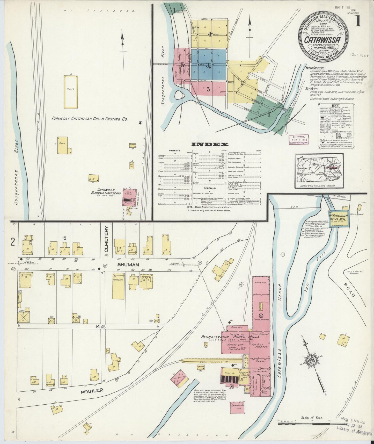 Sanborn Fire Insurance Map from Catawissa, Columbia County, Pennsylvania (1913), Sheet #0001 - Historic Sanborn Fire Insurance Map Print, vintage old map wall art, antique decor, genealogy gift, Pennsylvania Pennsylvania map