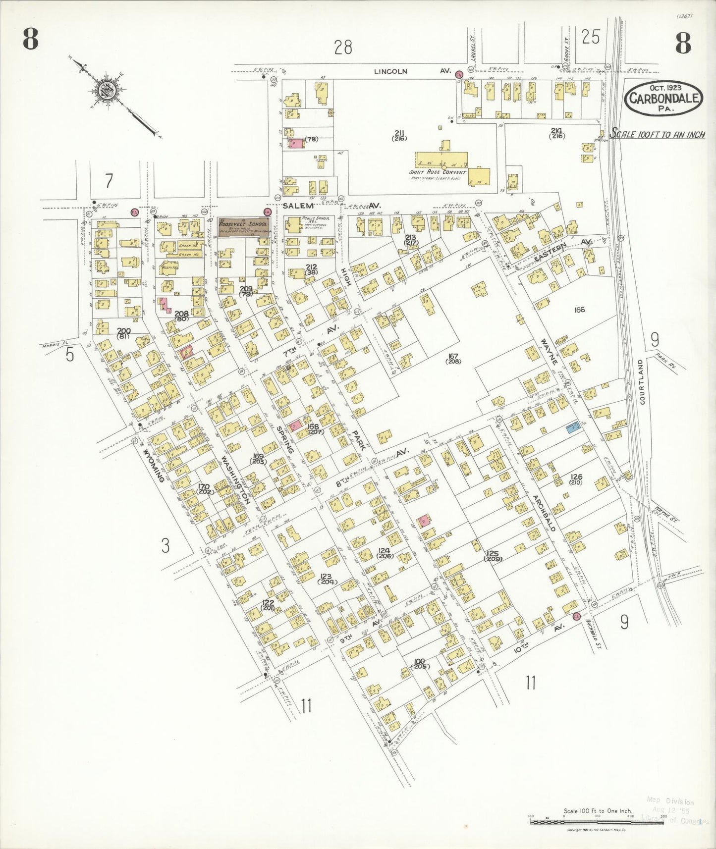 Sanborn Fire Insurance Map from Carbondale, Lackawanna County, Pennsylvania (1923), Sheet #0008 - Historic Sanborn Fire Insurance Map Print, vintage old map wall art, antique decor, genealogy gift, Pennsylvania Pennsylvania map