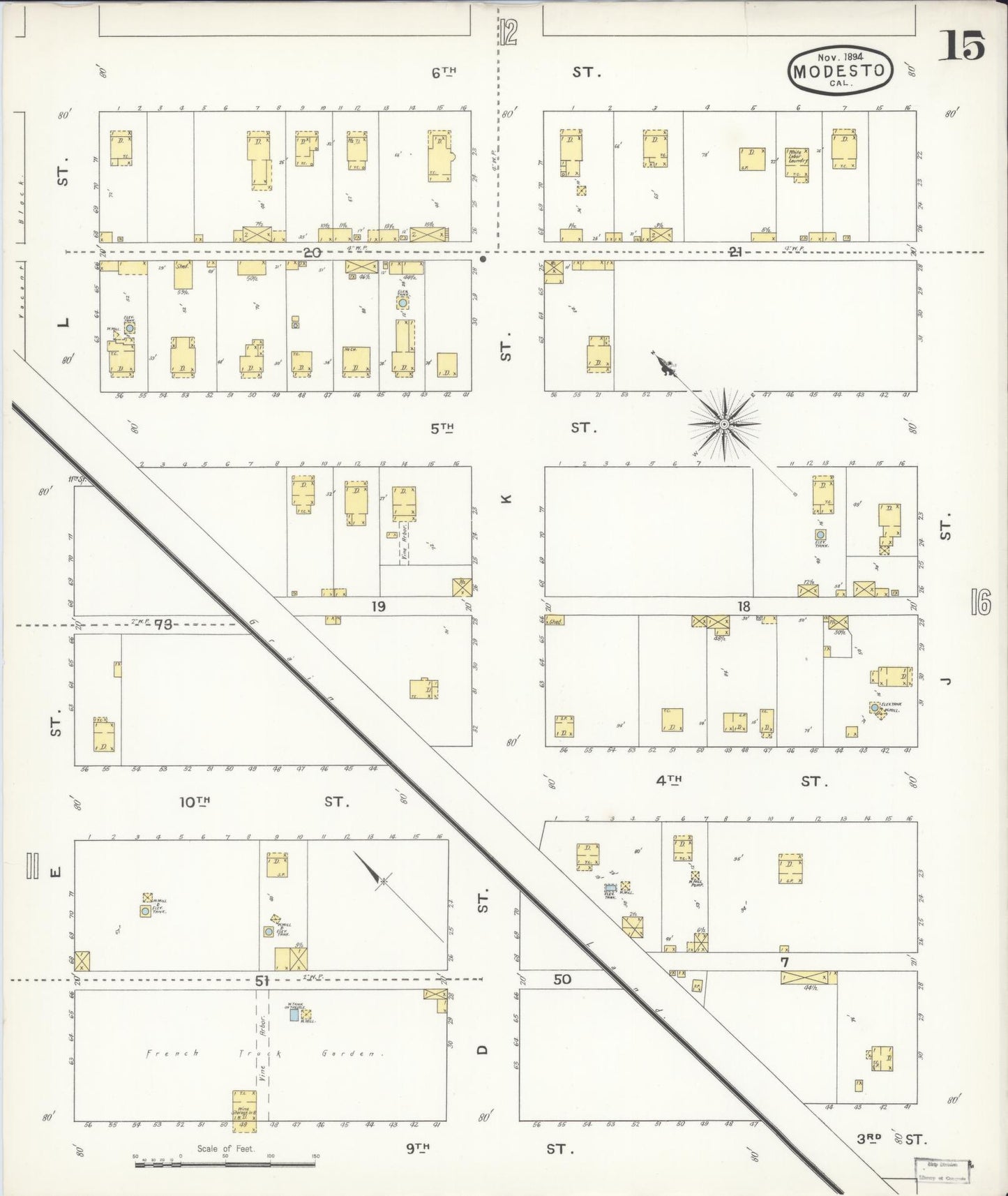 Sanborn Fire Insurance Map from Modesto, Stanislaus County, California (1894), Sheet #0015 - Historic Sanborn Fire Insurance Map Print, vintage old map wall art, antique decor, genealogy gift, California California map