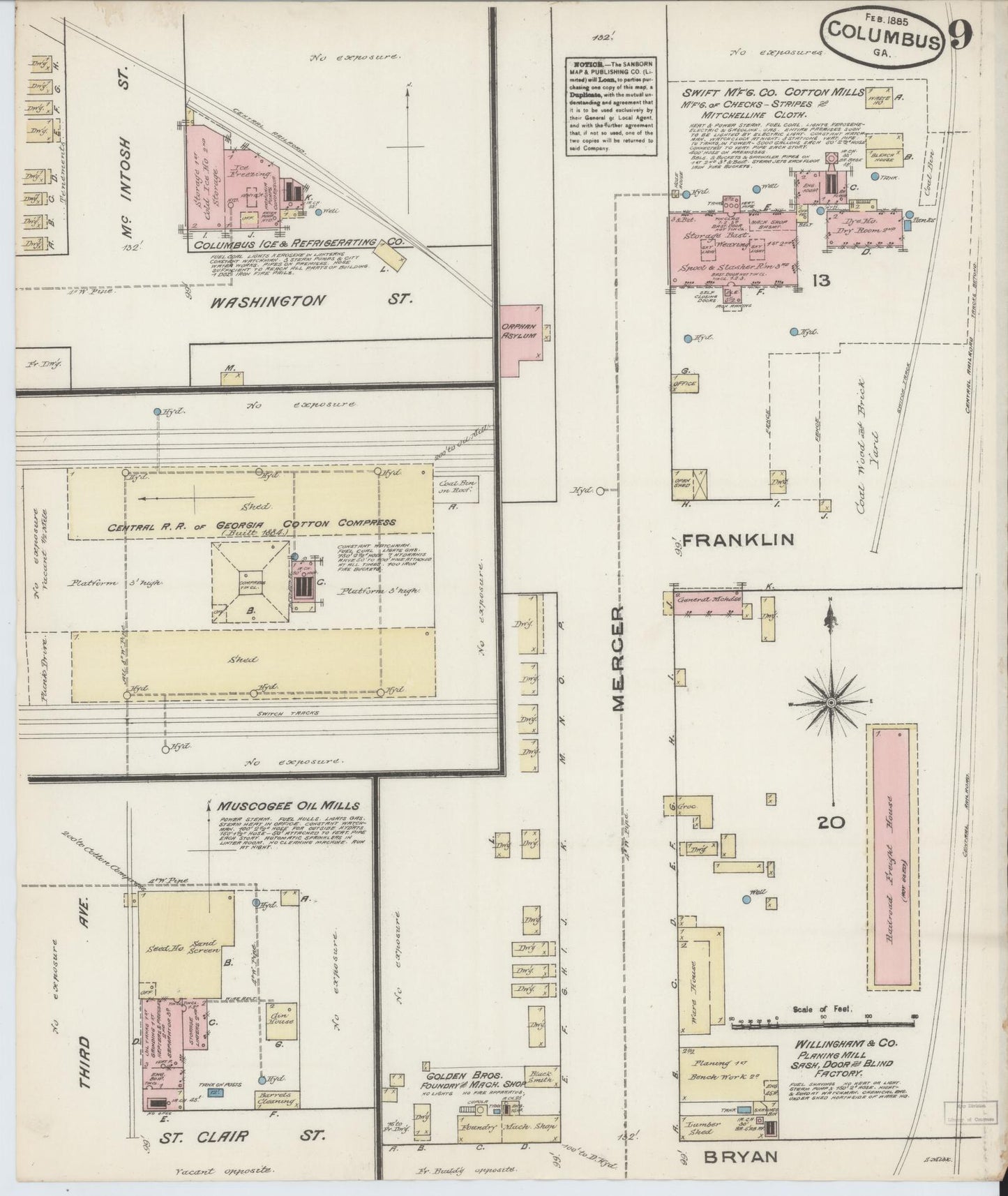 Sanborn Fire Insurance Map from Columbus, Muscogee County, Georgia (1885), Sheet #0009 - Historic Sanborn Fire Insurance Map Print, vintage old map wall art, antique decor, genealogy gift, Georgia Georgia map