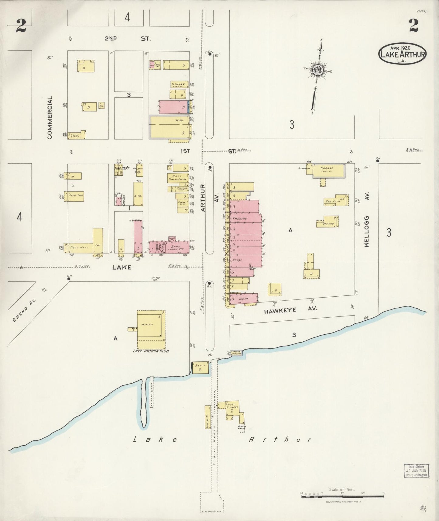 Sanborn Fire Insurance Map from Lake Arthur, Jefferson Davis Parish, Louisiana (1926), Sheet #0002 - Historic Sanborn Fire Insurance Map Print, vintage old map wall art, antique decor, genealogy gift, Louisiana Louisiana map
