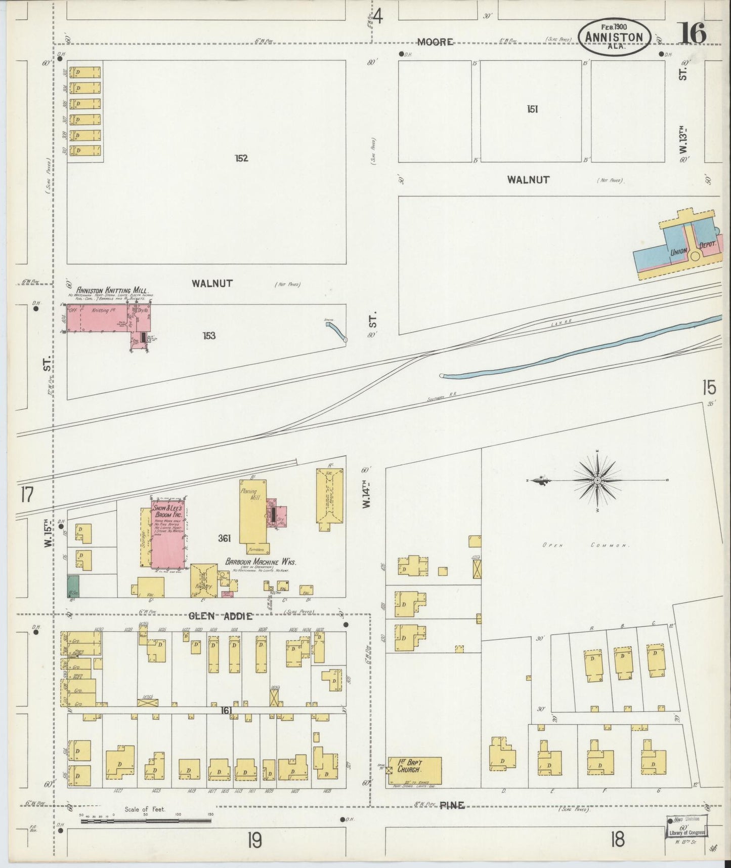 Sanborn Fire Insurance Map from Anniston, Calhoun County, Alabama (1900), Sheet #0016 - Historic Sanborn Fire Insurance Map Print, vintage old map wall art, antique decor, genealogy gift, Alabama Alabama map