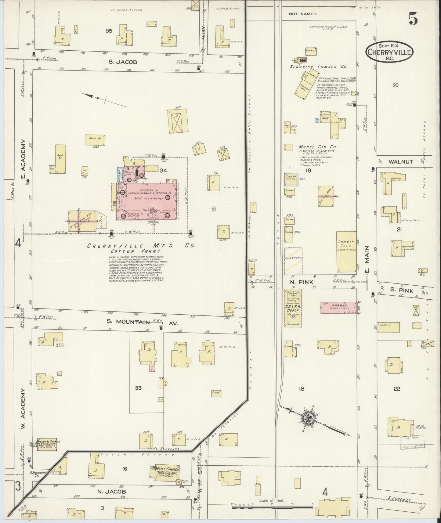 Sanborn Fire Insurance Map from Cherryville, Gaston County, North Carolina (1914), Sheet #0005 - Complete Map Set gallery image, historic Sanborn map, vintage wall art, North Carolina North Carolina