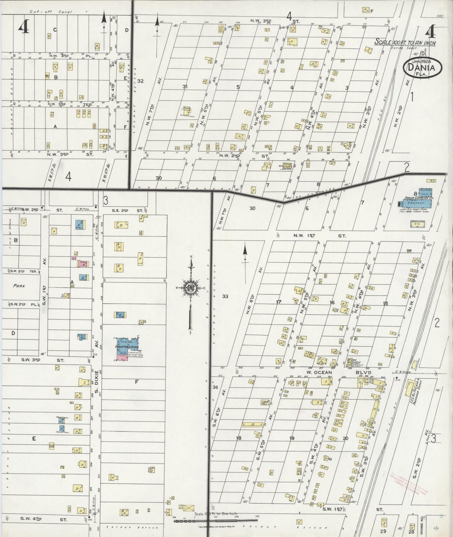 Sanborn Fire Insurance Map from Dania, Broward County, Florida (1924), Sheet #0004 - Historic Sanborn Fire Insurance Map Print, vintage old map wall art, antique decor, genealogy gift, Florida Florida map