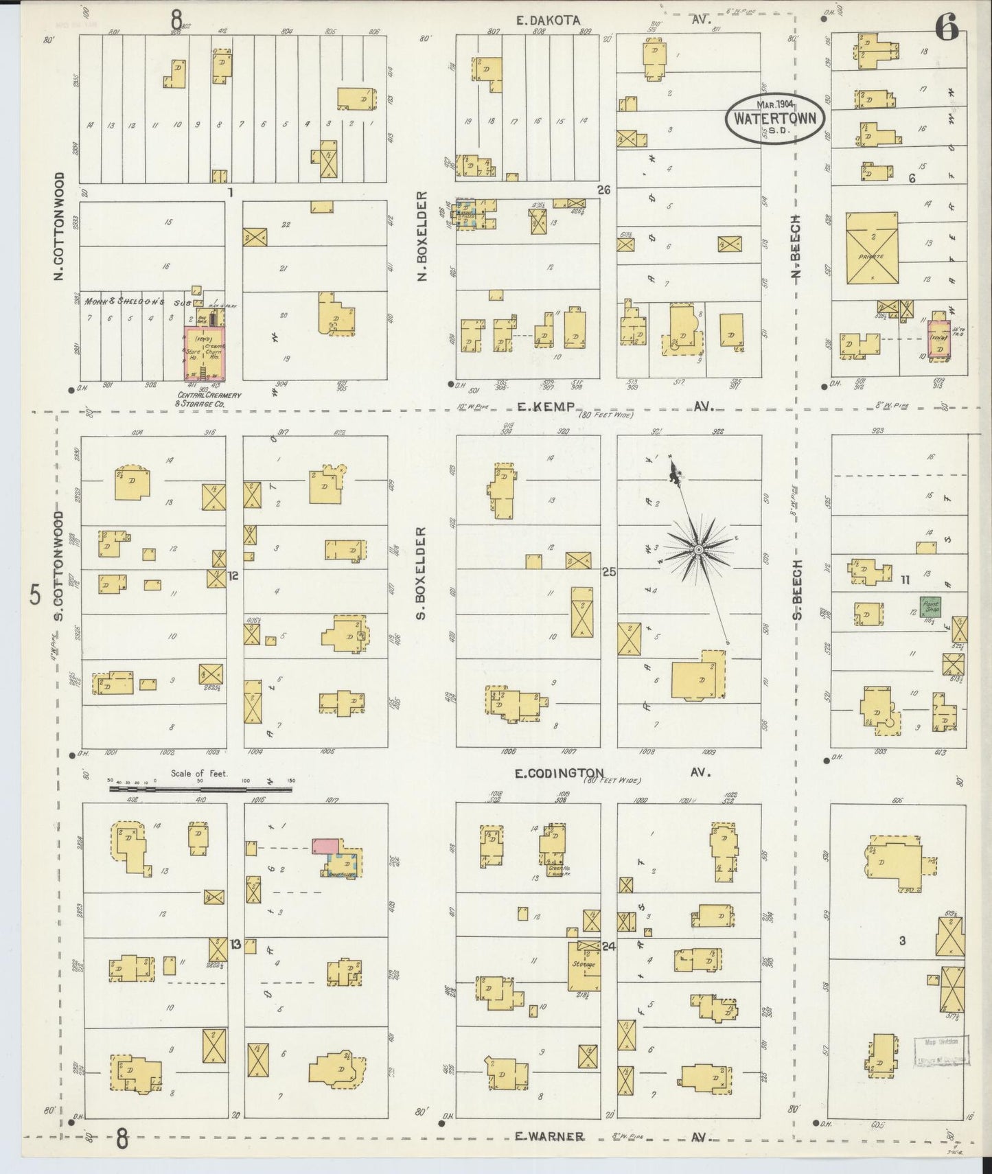 Sanborn Fire Insurance Map from Watertown, Codington County, South Dakota (1904), Sheet #0006 - Historic Sanborn Fire Insurance Map Print, vintage old map wall art, antique decor, genealogy gift, South Dakota South Dakota map