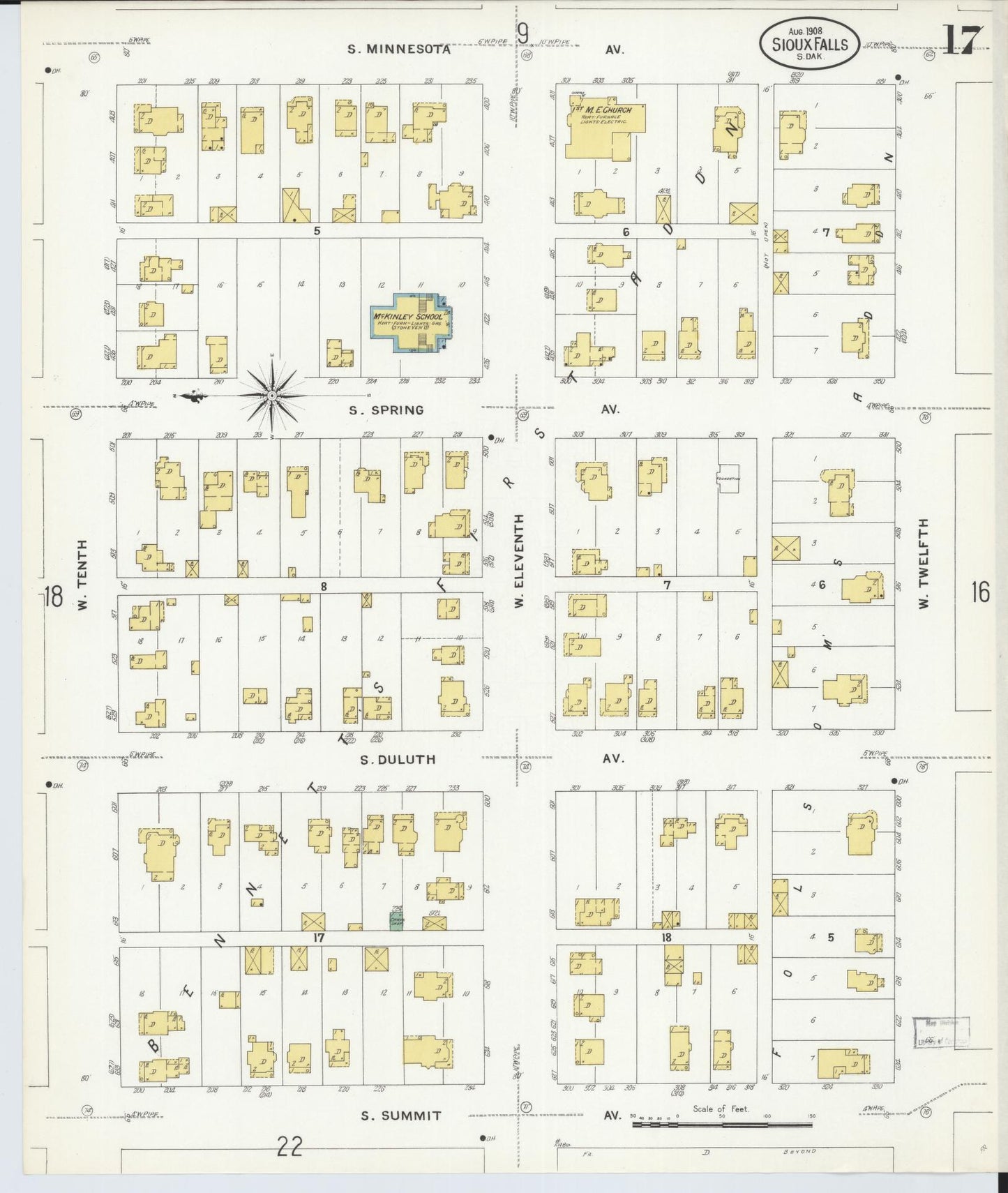 Sanborn Fire Insurance Map from Sioux Falls, Minnehaha County, South Dakota (1908), Sheet #0017 - Historic Sanborn Fire Insurance Map Print, vintage old map wall art, antique decor, genealogy gift, South Dakota South Dakota map