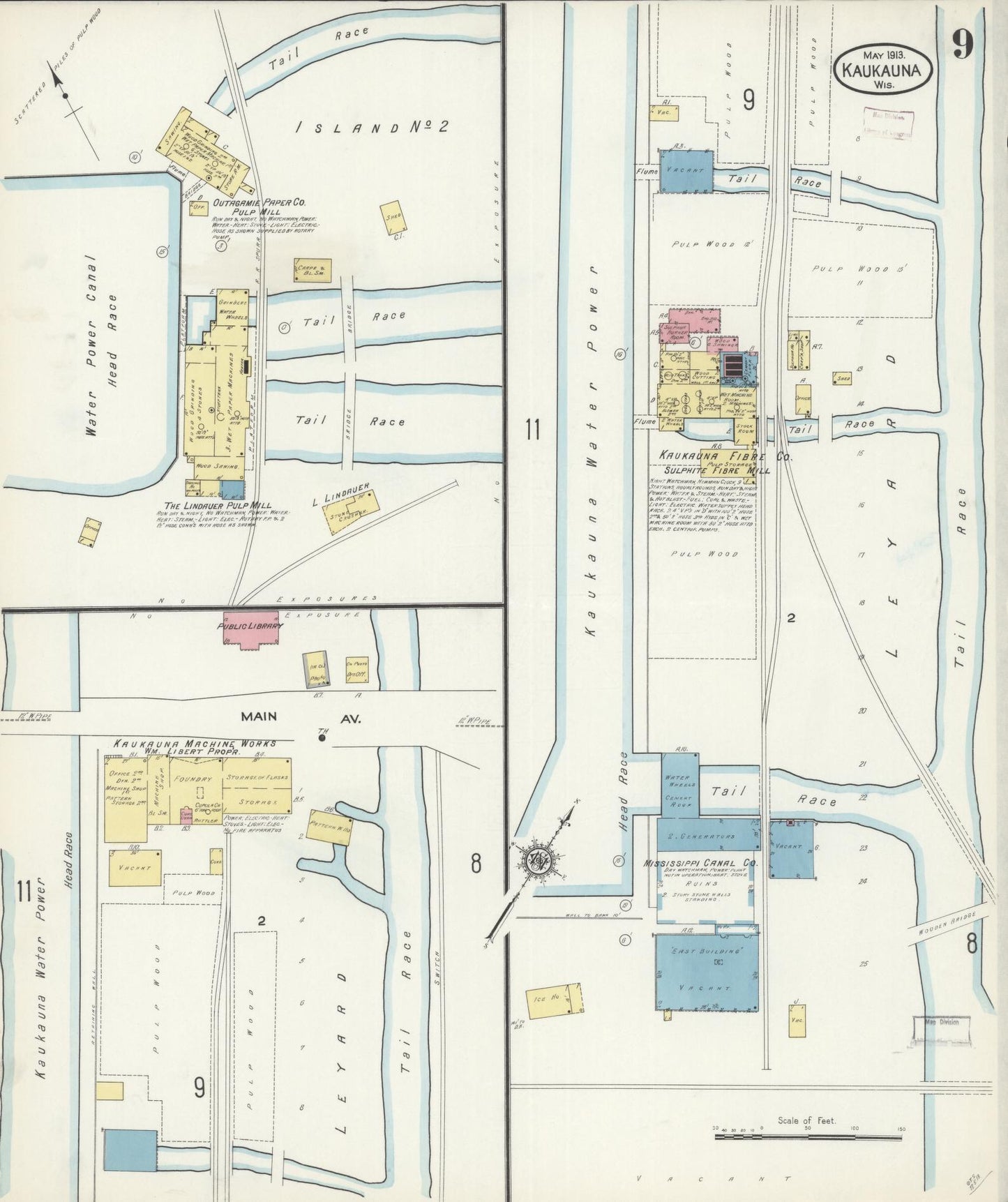 Sanborn Fire Insurance Map from Kaukauna, Outagamie County, Wisconsin (1913), Sheet #0009 - Historic Sanborn Fire Insurance Map Print, vintage old map wall art, antique decor, genealogy gift, Wisconsin Wisconsin map