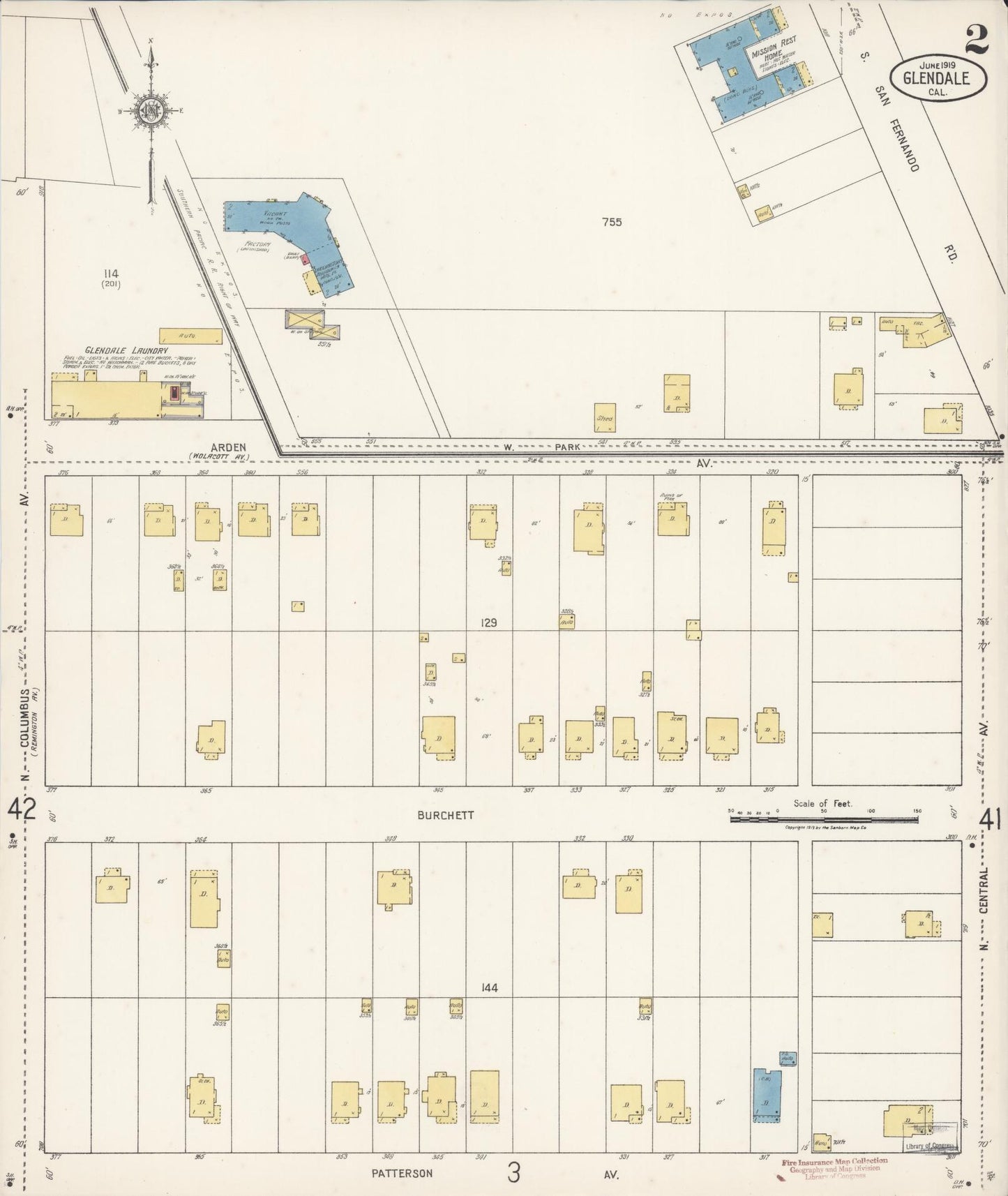 Sanborn Fire Insurance Map from Glendale, Los Angeles County, California (1919), Sheet #0002 - Historic Sanborn Fire Insurance Map Print, vintage old map wall art, antique decor, genealogy gift, California California map