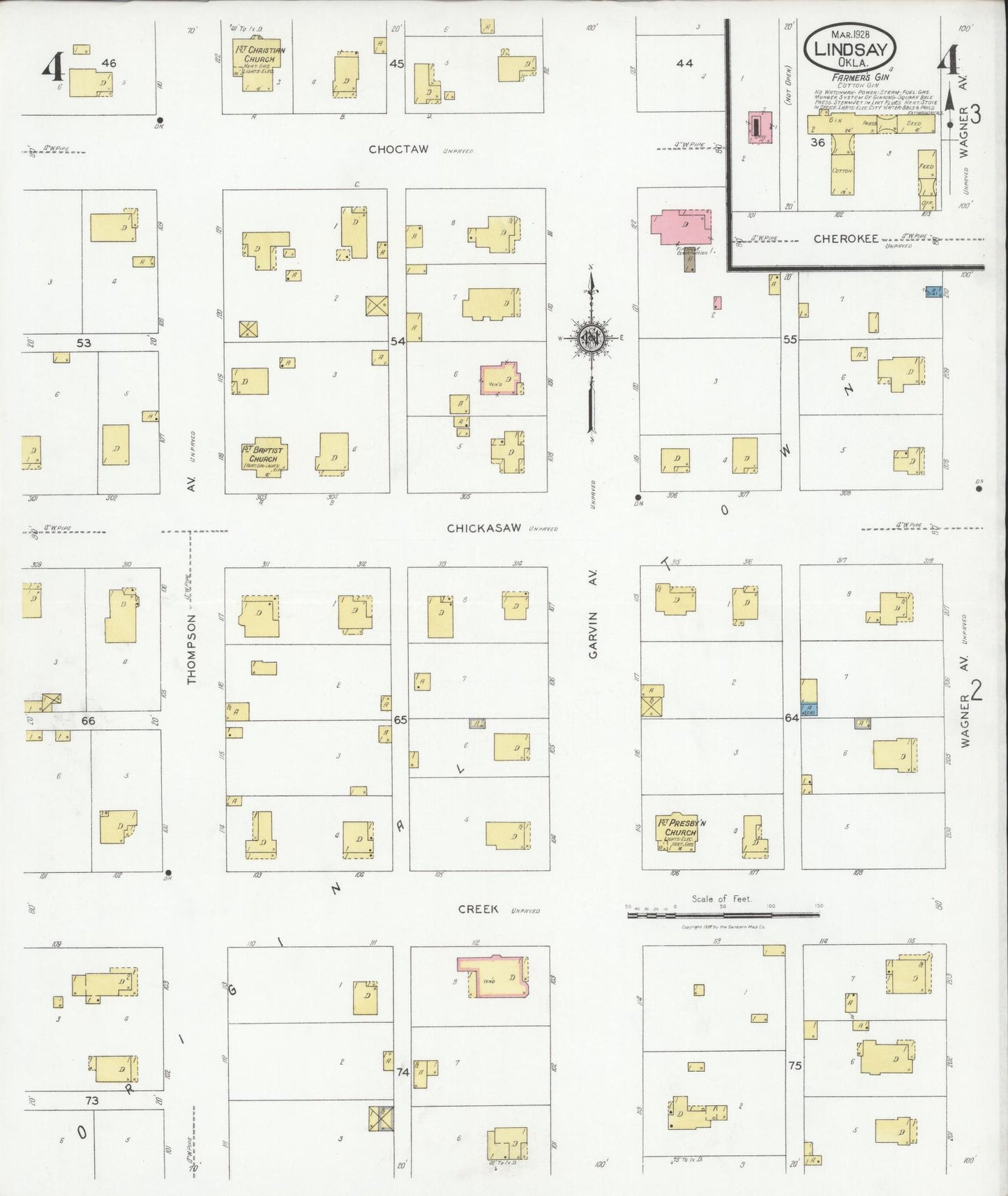 Sanborn Fire Insurance Map from Lindsay, Garvin County, Oklahoma (1928), Sheet #0004 - Complete Map Set gallery image, historic Sanborn map, vintage wall art, Oklahoma Oklahoma
