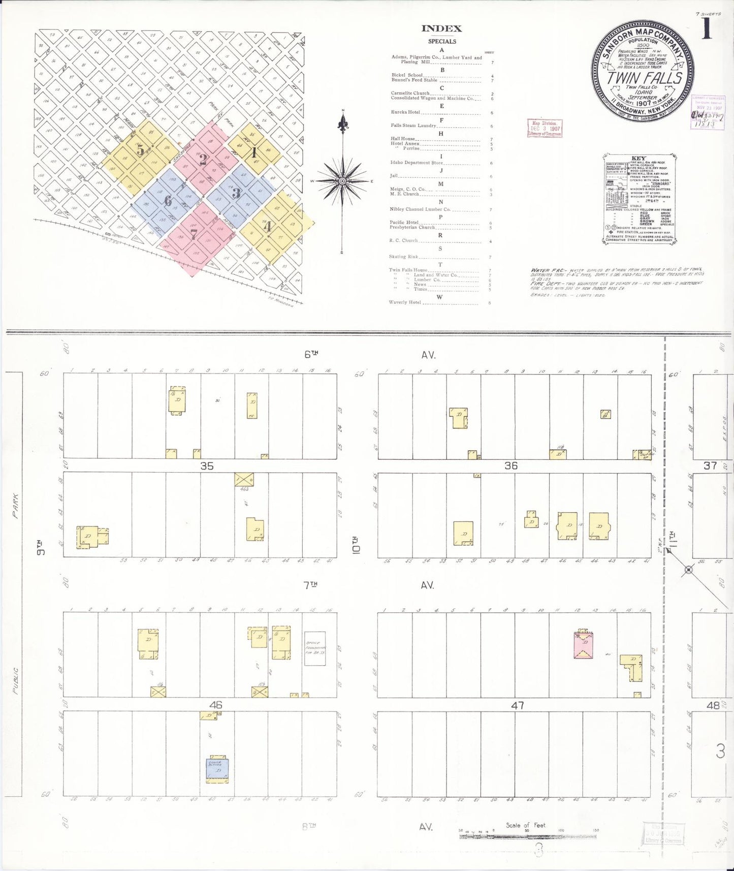 Sanborn Fire Insurance Map from Twin Falls, Twin Falls County, Idaho (1907), Sheet #0001 - Historic Sanborn Fire Insurance Map Print, vintage old map wall art, antique decor, genealogy gift, Falls Idaho map