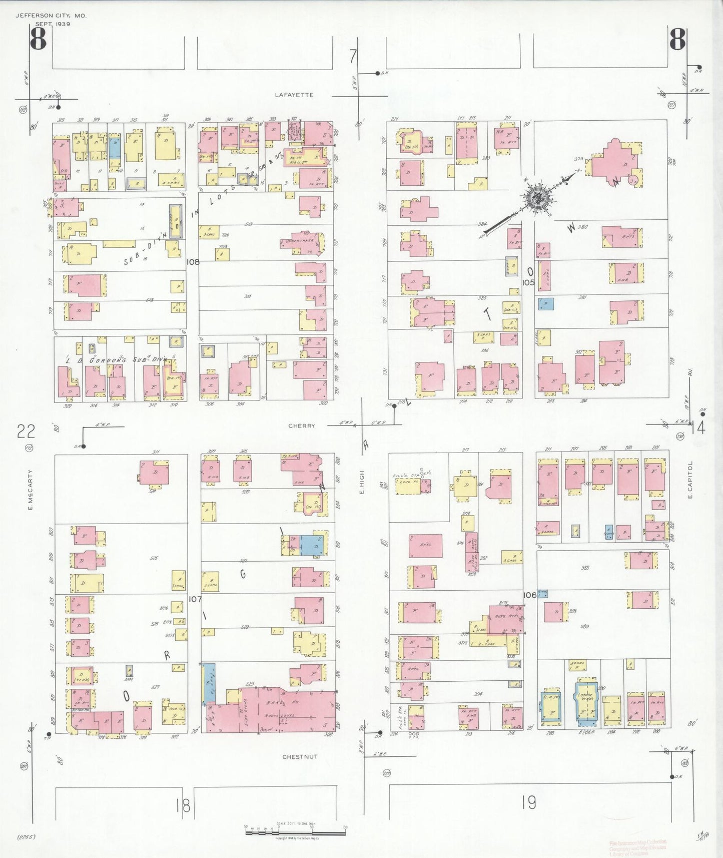 Sanborn Fire Insurance Map from Jefferson City, Cole County, Missouri (1939), Sheet #0008 - Historic Sanborn Fire Insurance Map Print, vintage old map wall art, antique decor, genealogy gift, Missouri Missouri map
