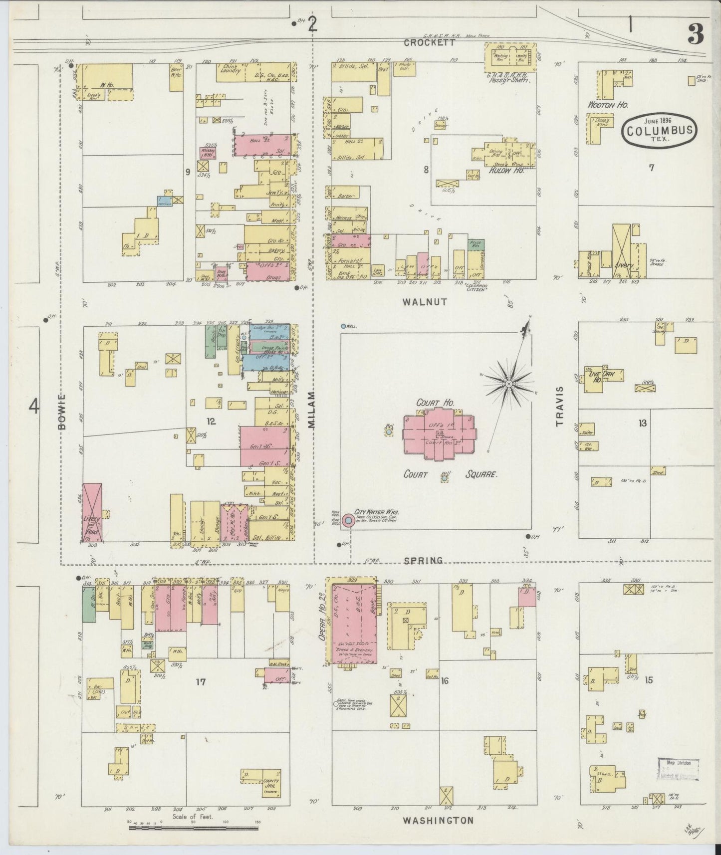 Sanborn Fire Insurance Map from Columbus, Colorado County, Texas (1896), Sheet #0003 - Historic Sanborn Fire Insurance Map Print, vintage old map wall art, antique decor, genealogy gift, Columbus Colorado map