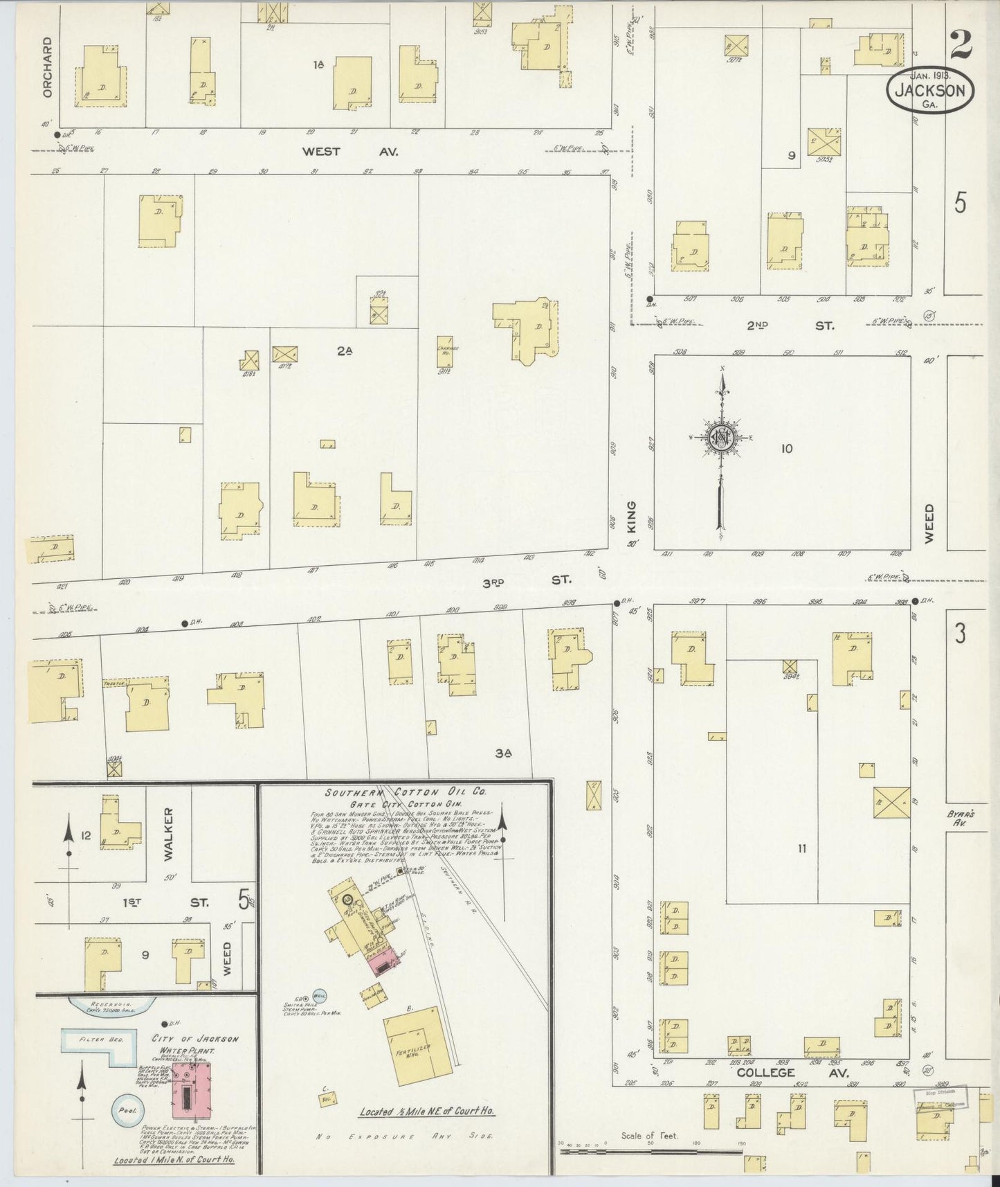 Sanborn Fire Insurance Map from Jackson, Butts County, Georgia (1913), Sheet #0002 - Historic Sanborn Fire Insurance Map Print, vintage old map wall art, antique decor, genealogy gift, Georgia Georgia map