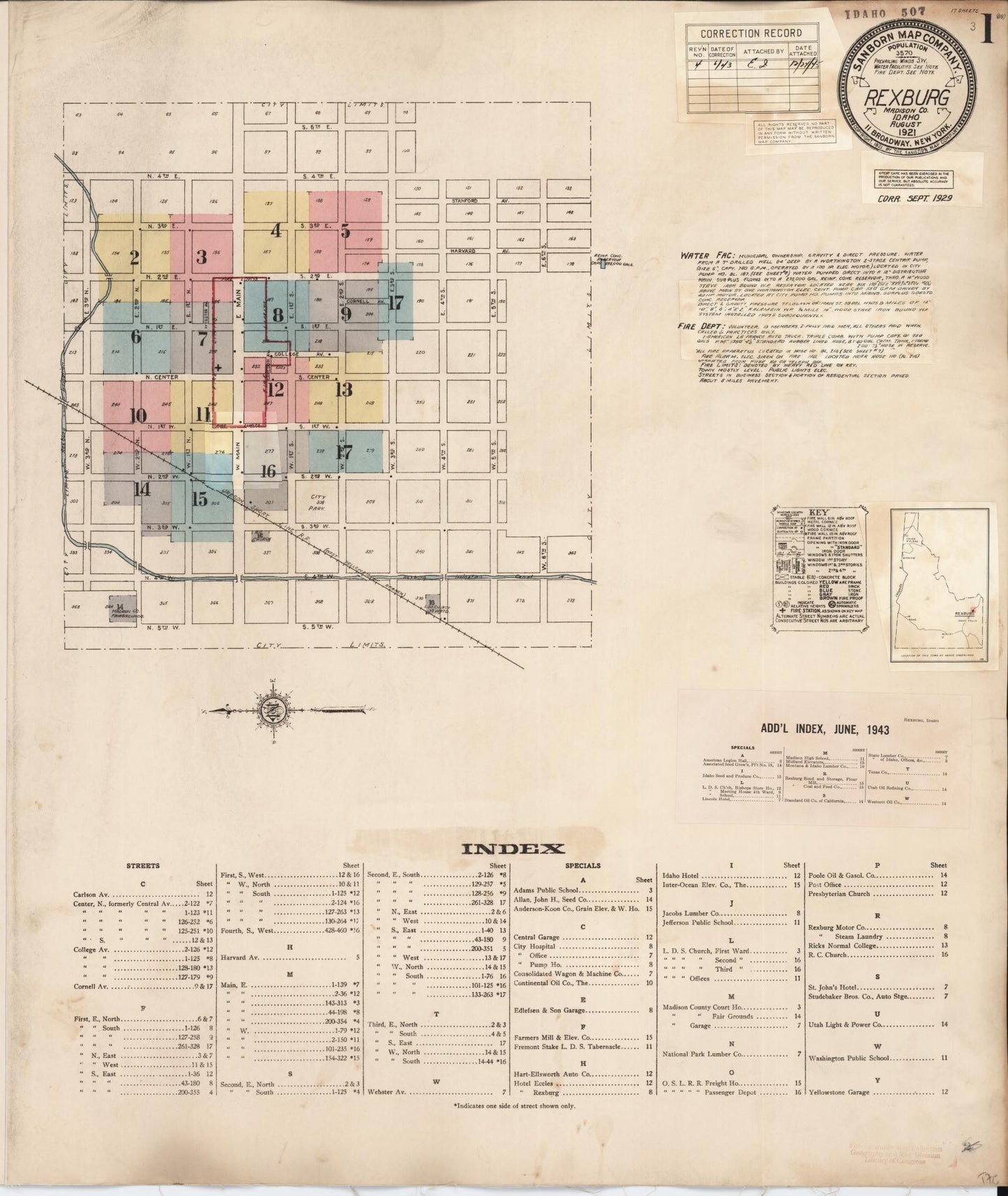 Sanborn Fire Insurance Map from Rexburg, Madison County, Idaho (1943), Sheet #0001 - Historic Sanborn Fire Insurance Map Print, vintage old map wall art, antique decor, genealogy gift, Idaho Idaho map