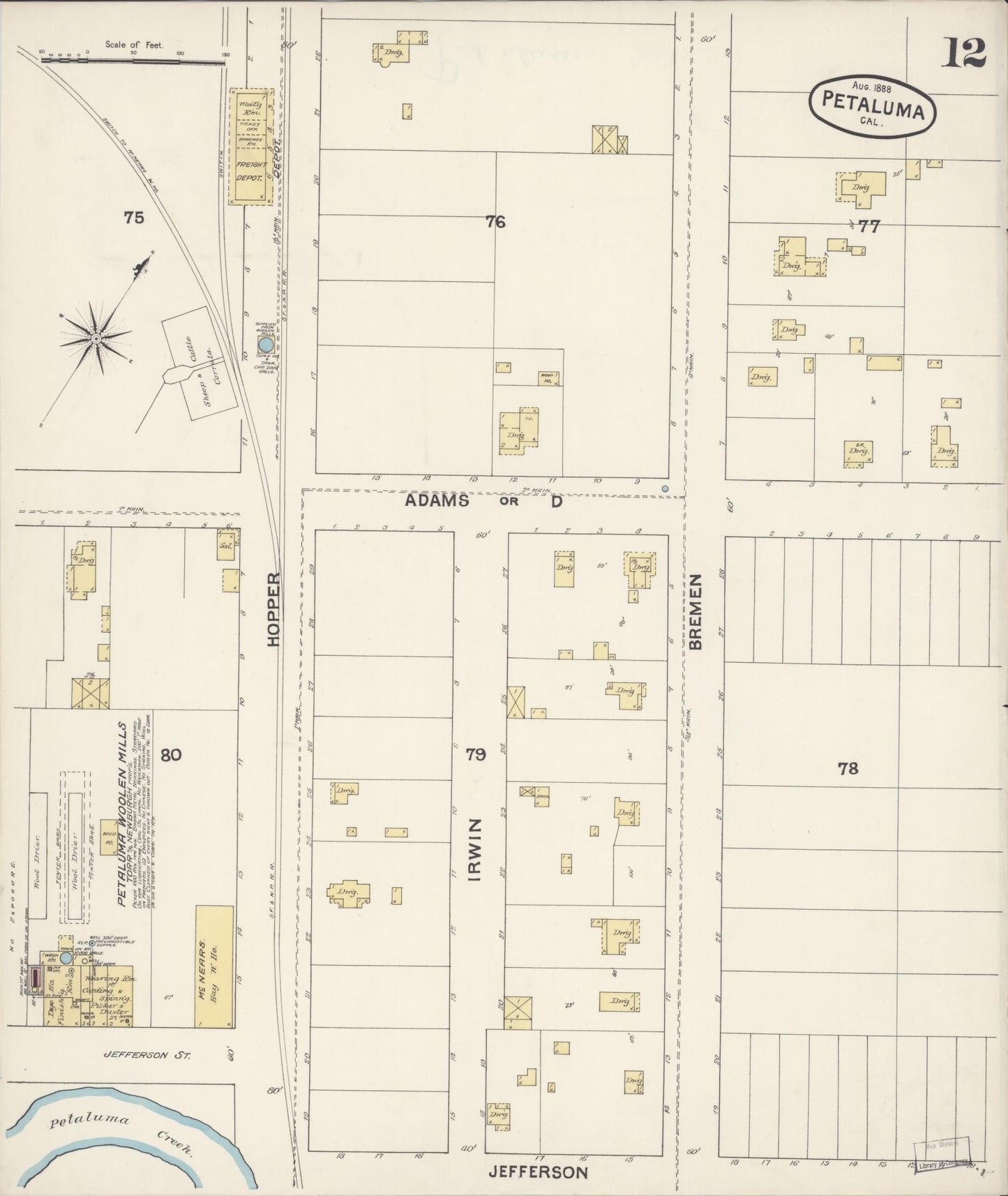 Sanborn Fire Insurance Map from Petaluma, Sonoma County, California (1888), Sheet #0012 - Complete Map Set gallery image, historic Sanborn map, vintage wall art, California California