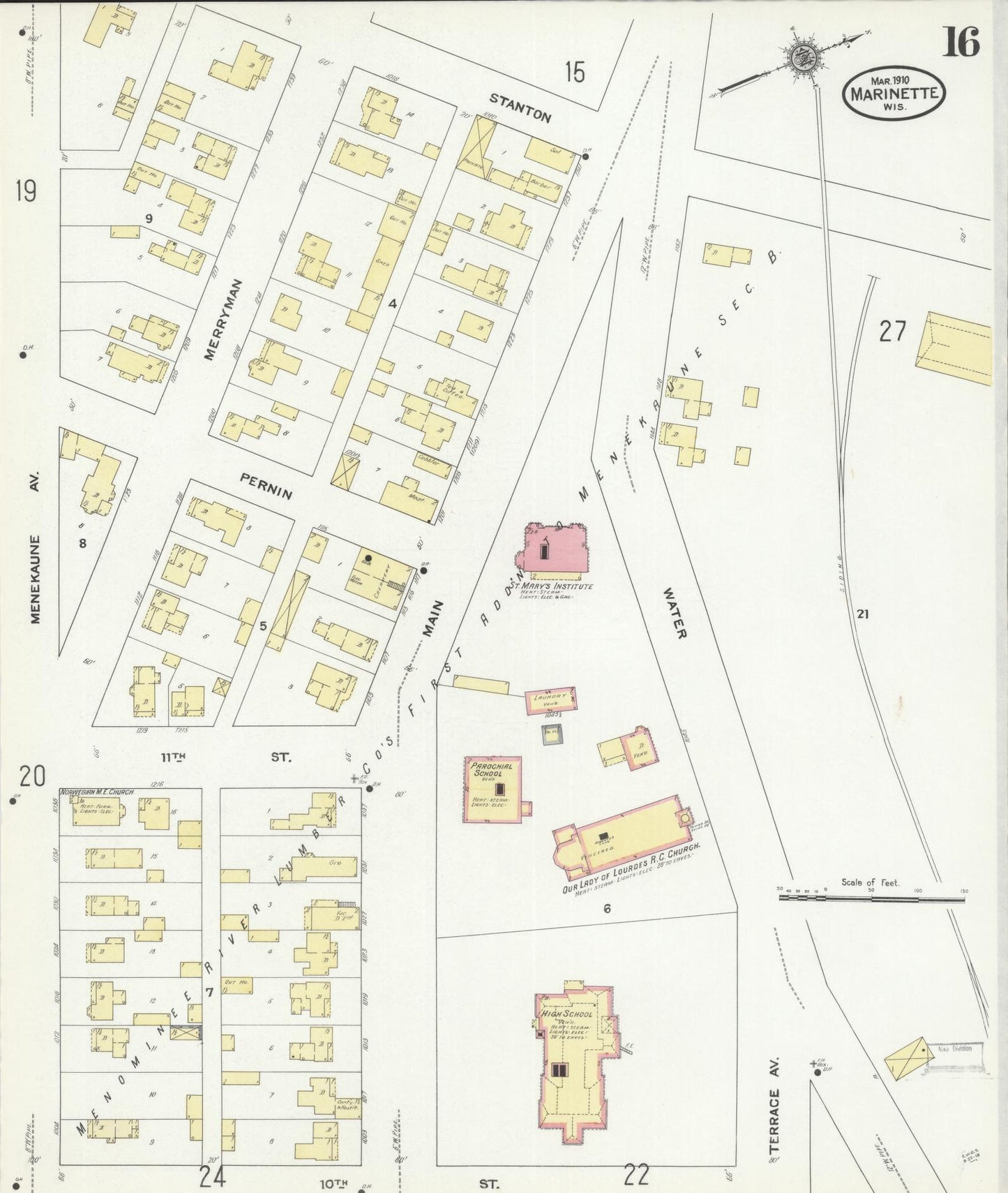 Sanborn Fire Insurance Map from Marinette, Marinette County, Wisconsin (1910), Sheet #0016 - Historic Sanborn Fire Insurance Map Print, vintage old map wall art, antique decor, genealogy gift, Wisconsin Wisconsin map