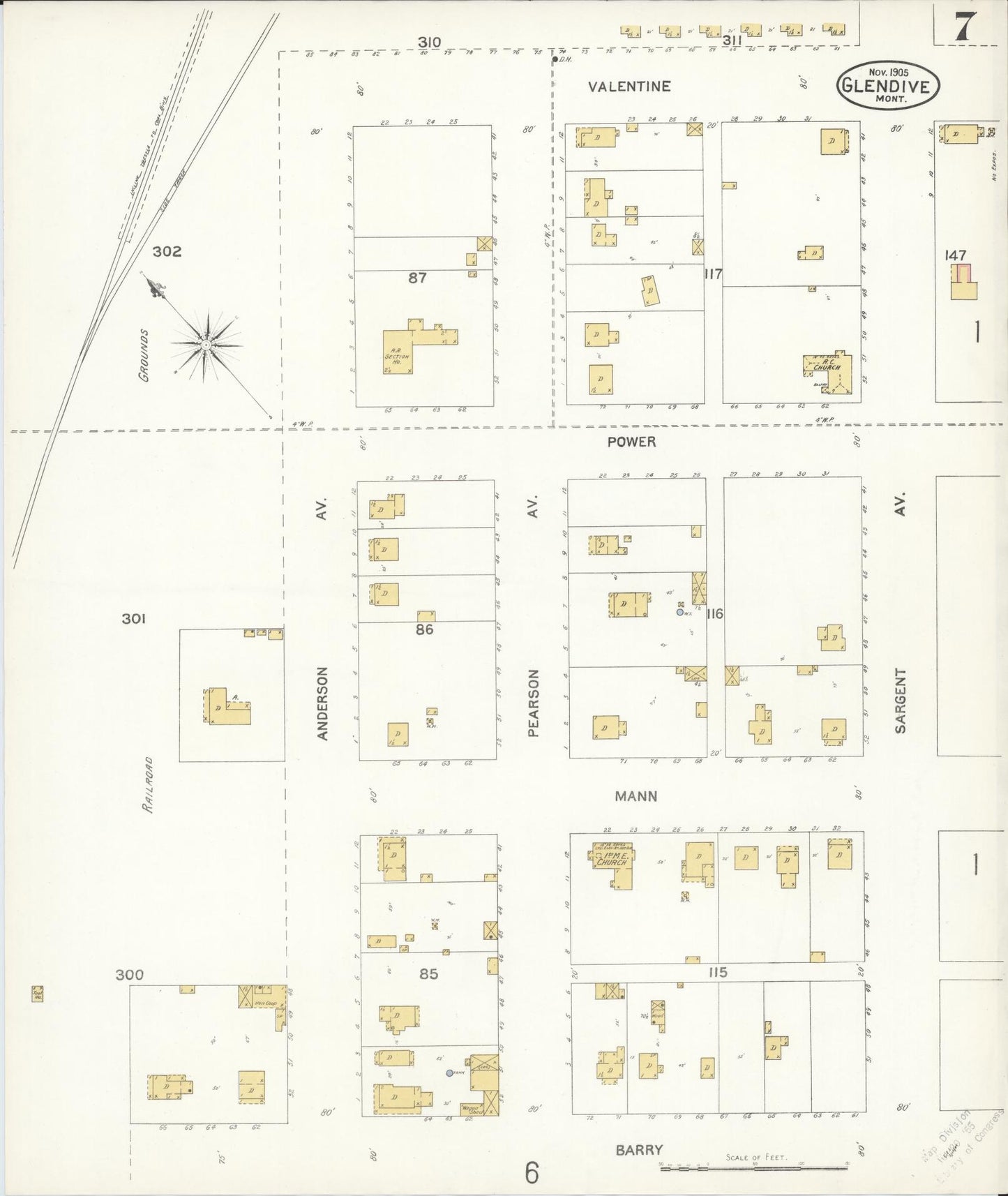 Sanborn Fire Insurance Map from Glendive, Dawson County, Montana (1905), Sheet #0007 - Complete Map Set gallery image, historic Sanborn map, vintage wall art, Montana Montana