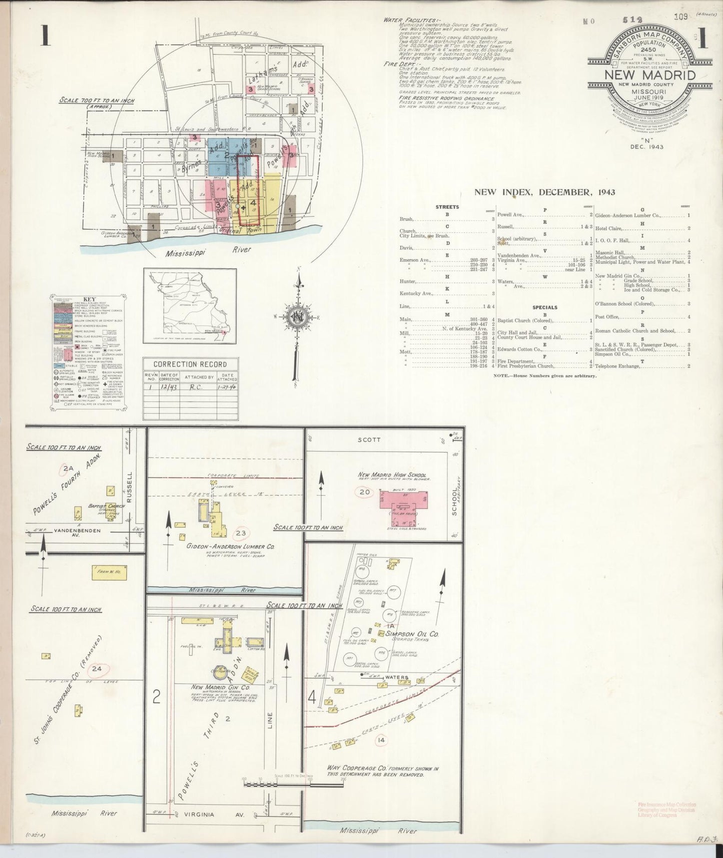 Sanborn Fire Insurance Map from New Madrid, New Madrid County, Missouri (1943), Sheet #0001 - Historic Sanborn Fire Insurance Map Print, vintage old map wall art, antique decor, genealogy gift, Missouri Missouri map