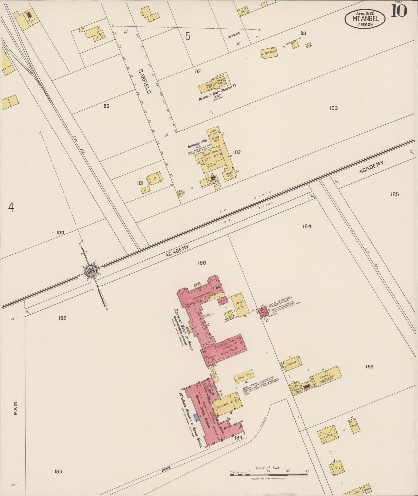 Sanborn Fire Insurance Map from Mount Angel, Marion County, Oregon (1922), Sheet #0010 - Historic Sanborn Fire Insurance Map Print, vintage old map wall art, antique decor, genealogy gift, Oregon Oregon map
