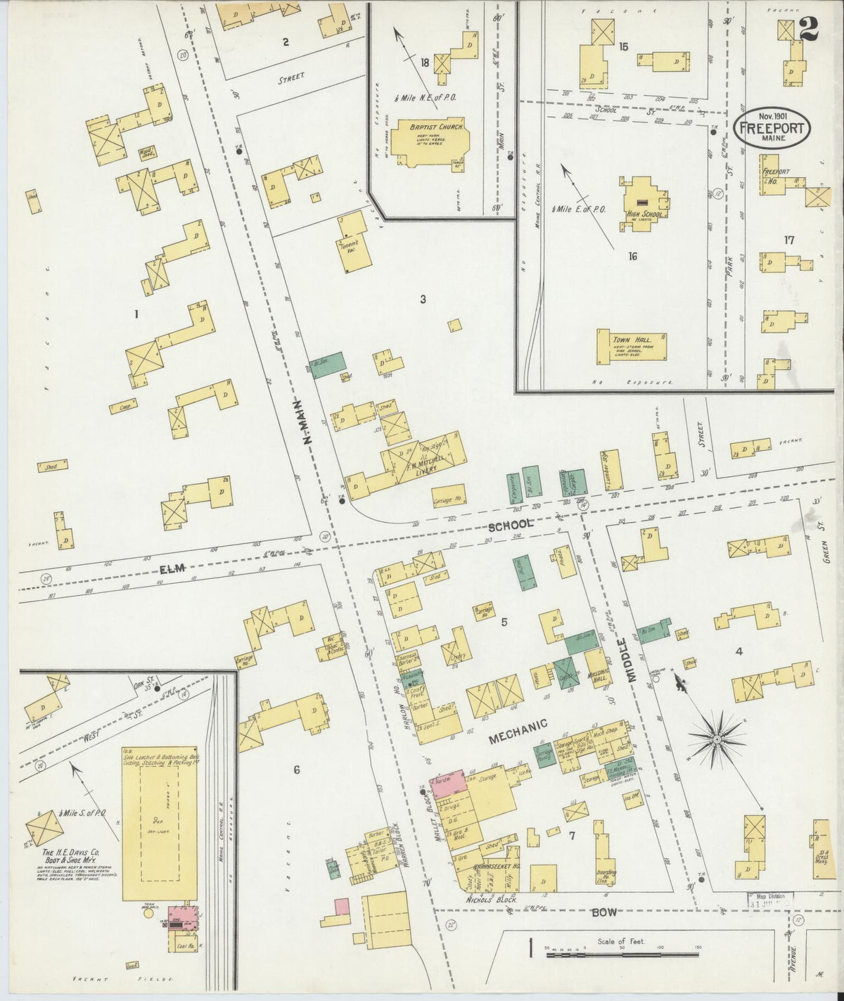 Sanborn Fire Insurance Map from Freeport, Cumberland County, Maine (1901), Sheet #0002 - Complete Map Set gallery image, historic Sanborn map, vintage wall art, Maine Maine