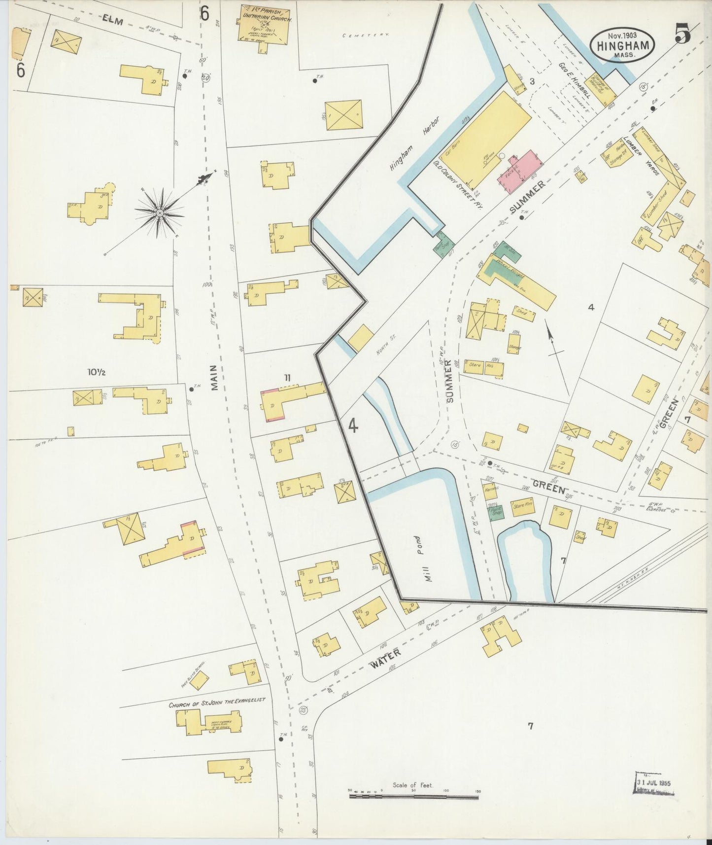 Sanborn Fire Insurance Map from Hingham, Plymouth County, Massachusetts (1903), Sheet #0005 - Historic Sanborn Fire Insurance Map Print, vintage old map wall art, antique decor, genealogy gift, Massachusetts Massachusetts map