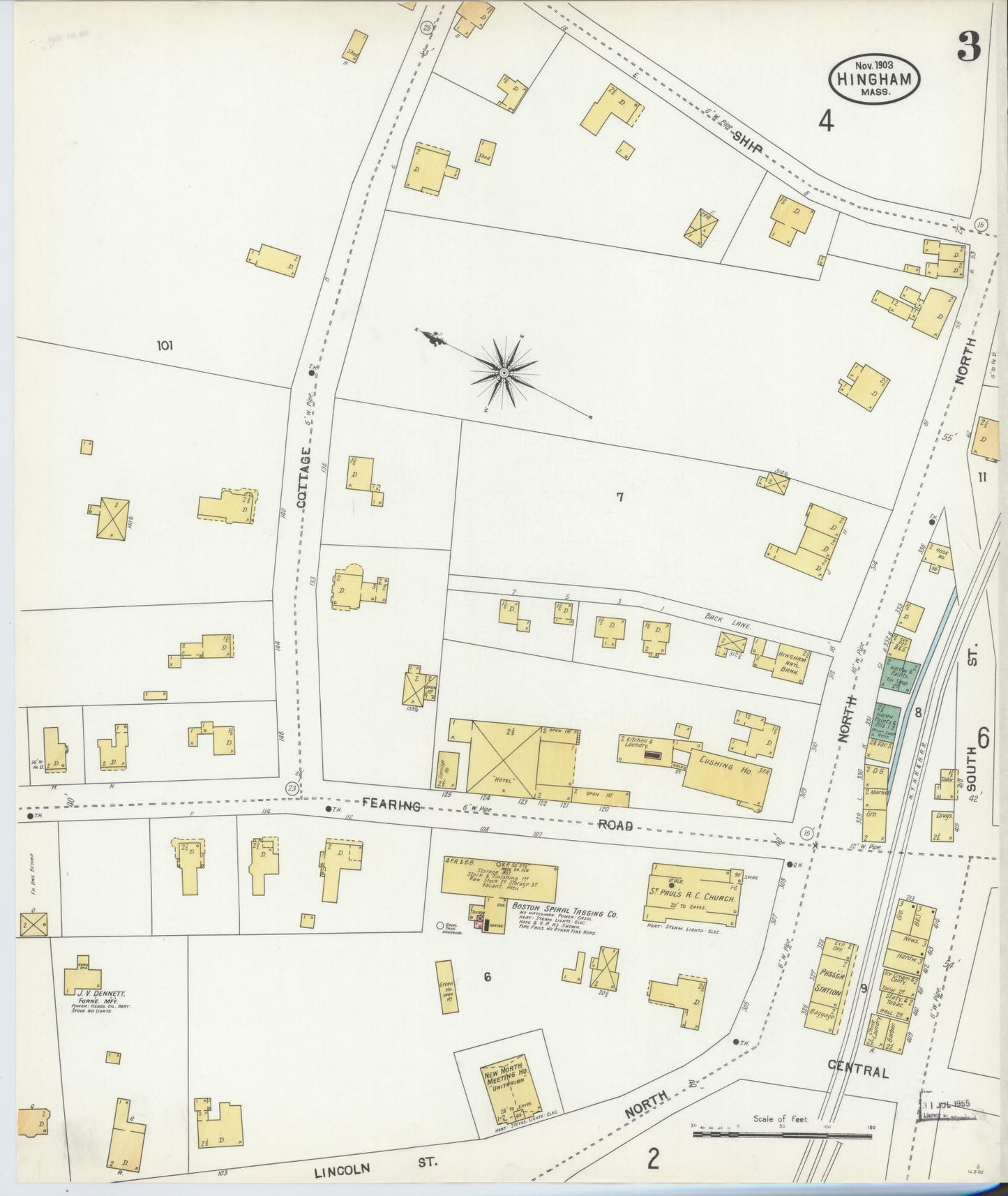 Sanborn Fire Insurance Map from Hingham, Plymouth County, Massachusetts (1903), Sheet #0003 - Historic Sanborn Fire Insurance Map Print, vintage old map wall art, antique decor, genealogy gift, Massachusetts Massachusetts map