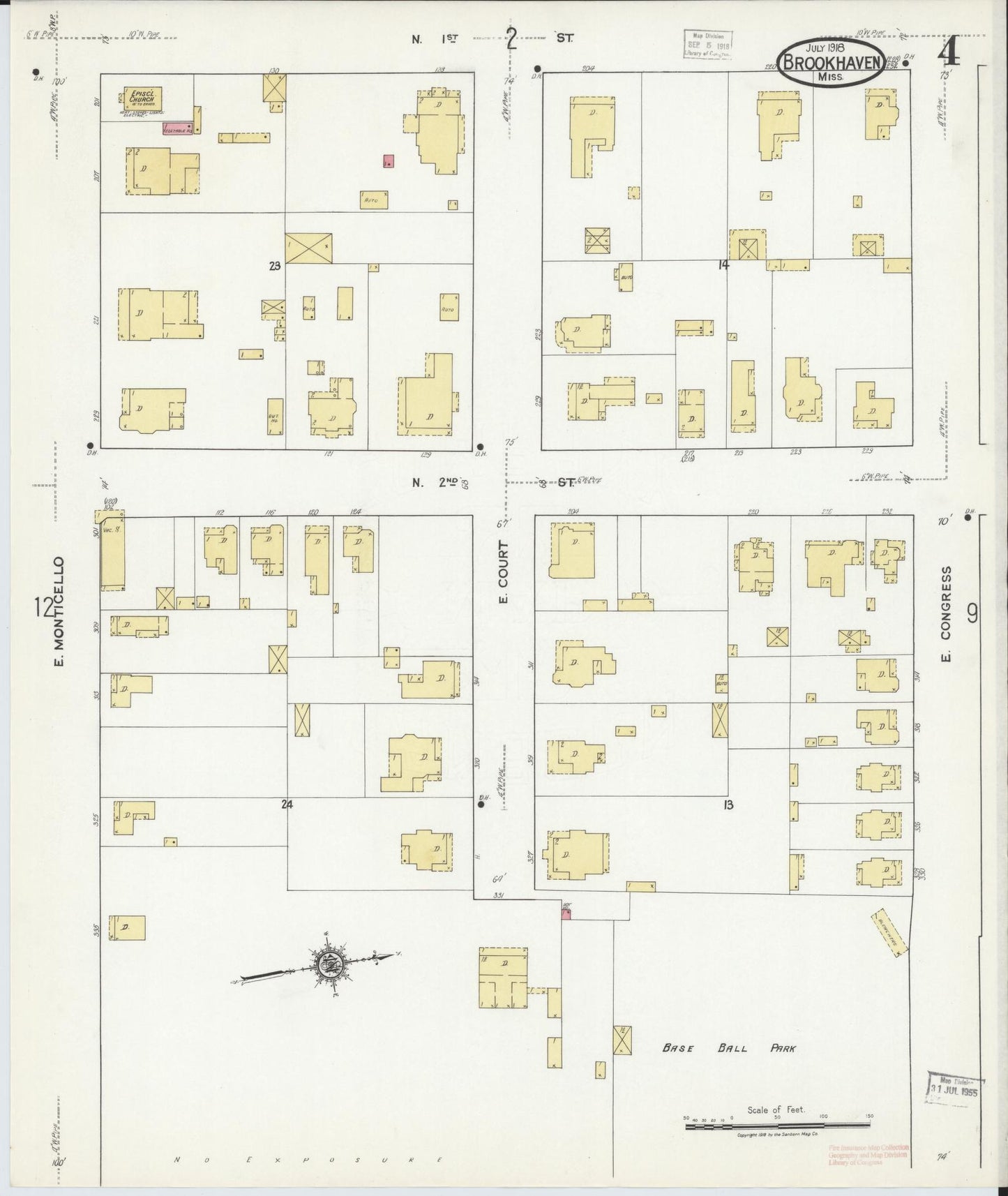 Sanborn Fire Insurance Map from Brookhaven, Lincoln County, Mississippi (1918), Sheet #0004 - Historic Sanborn Fire Insurance Map Print, vintage old map wall art, antique decor, genealogy gift, Mississippi Mississippi map