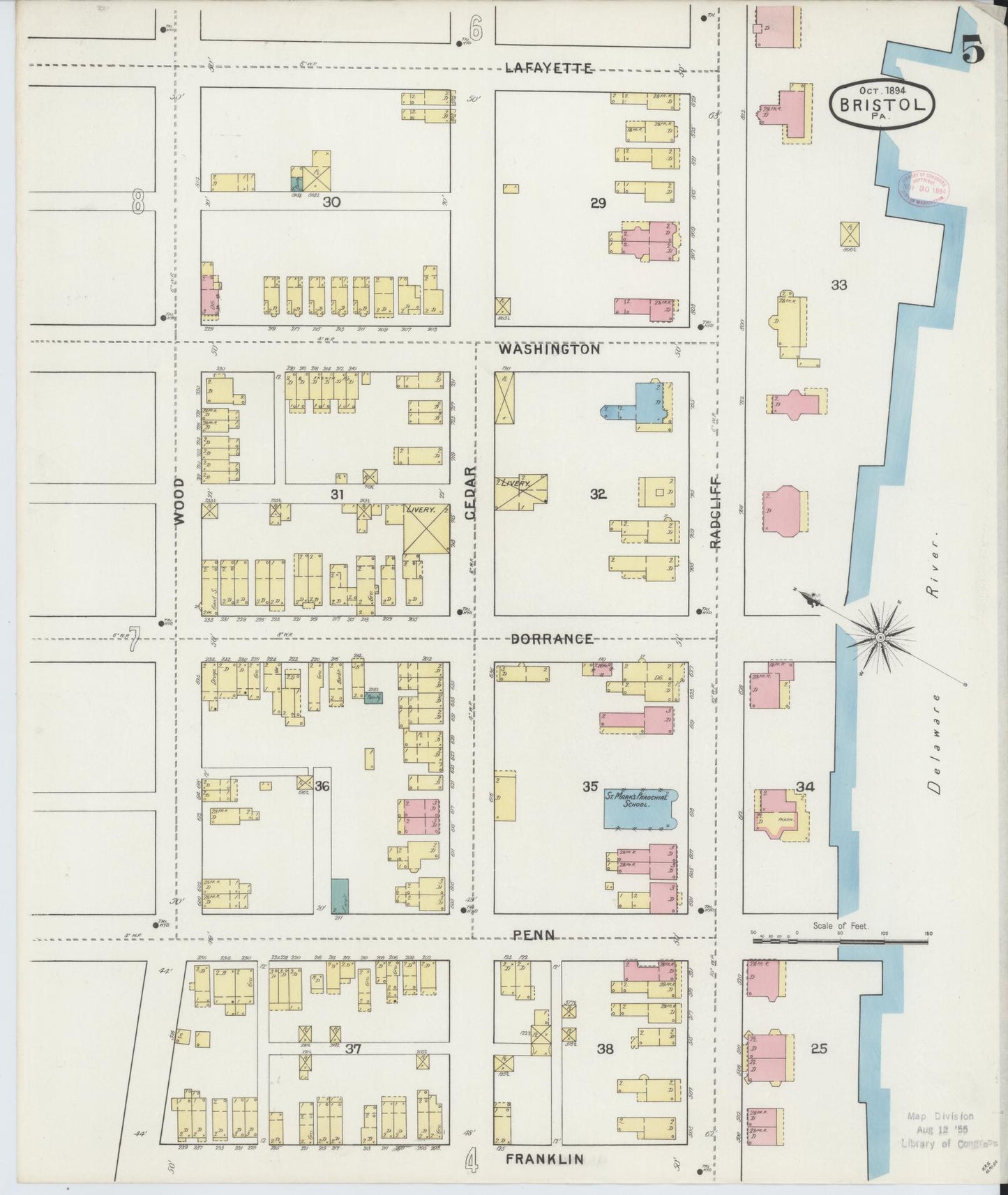 Sanborn Fire Insurance Map from Bristol, Bucks County, Pennsylvania (1894), Sheet #0005 - Historic Sanborn Fire Insurance Map Print, vintage old map wall art, antique decor, genealogy gift, Pennsylvania Pennsylvania map