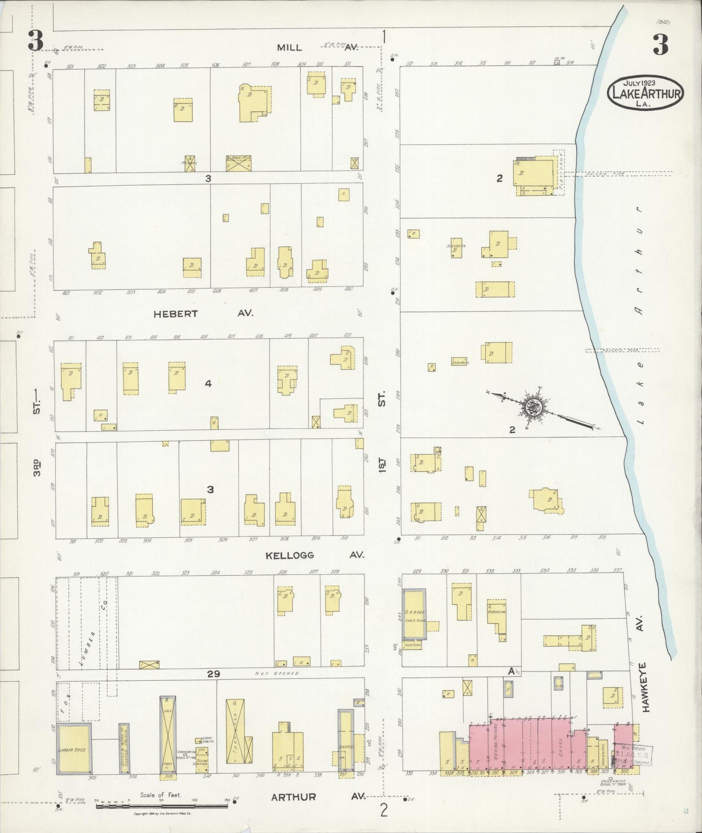 Sanborn Fire Insurance Map from Lake Arthur, Jefferson Davis Parish, Louisiana (1923), Sheet #0003 - Historic Sanborn Fire Insurance Map Print, vintage old map wall art, antique decor, genealogy gift, Louisiana Louisiana map