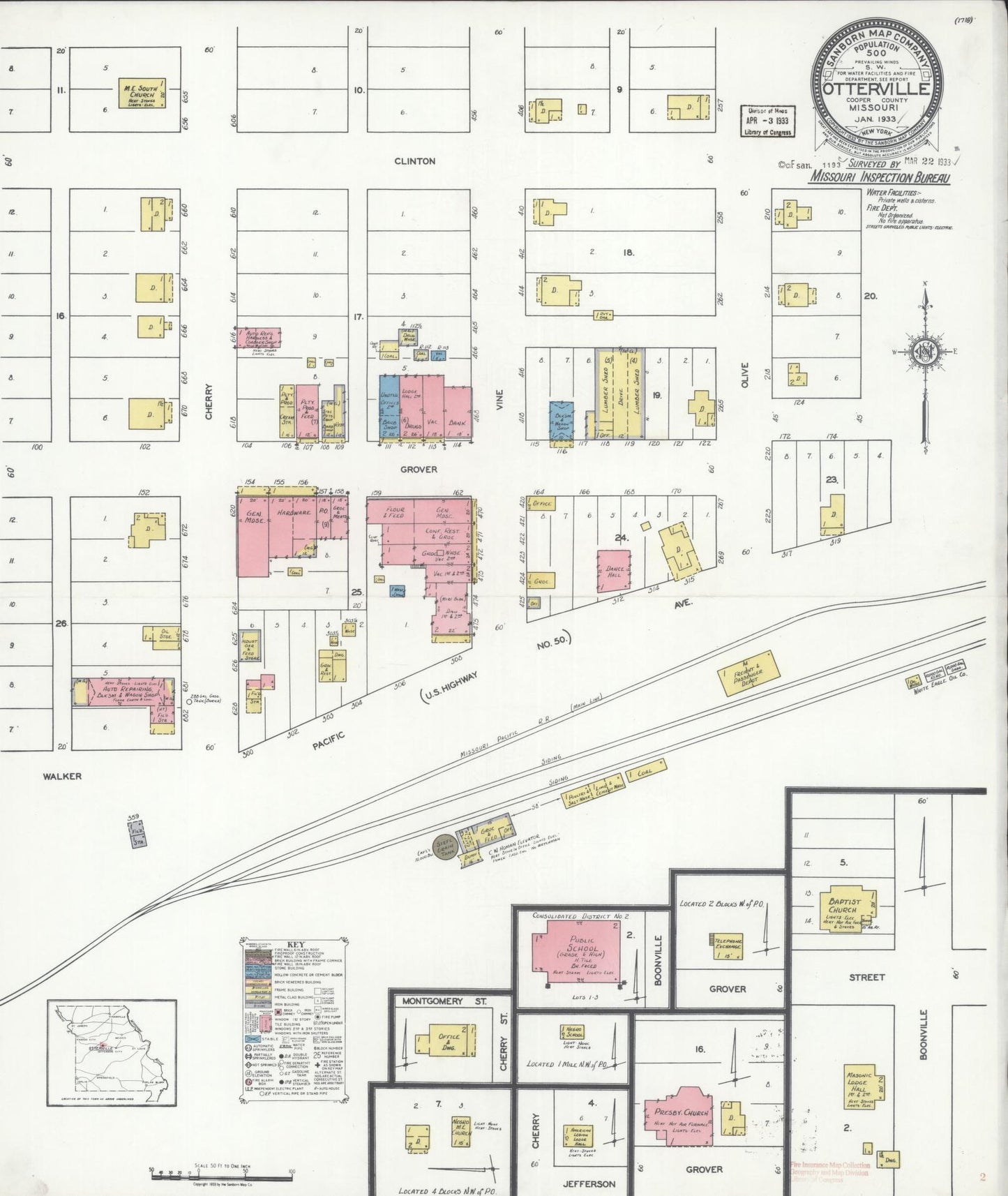 Sanborn Fire Insurance Map from Otterville, Cooper County, Missouri (1933), Sheet #0001 - Historic Sanborn Fire Insurance Map Print, vintage old map wall art, antique decor, genealogy gift, Missouri Missouri map