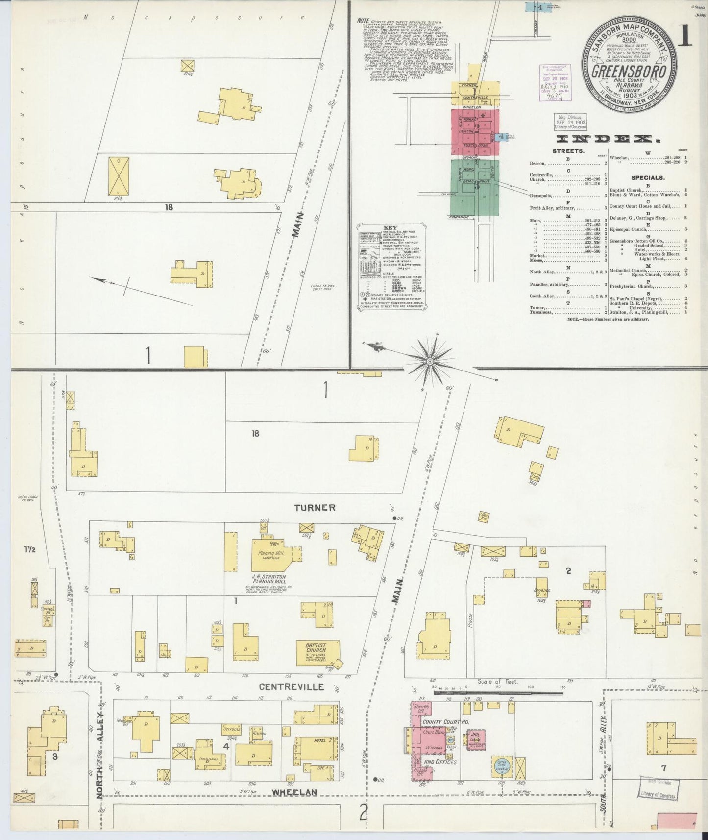 Sanborn Fire Insurance Map from Greensboro, Hale County, Alabama (1903), Sheet #0001 - Historic Sanborn Fire Insurance Map Print, vintage old map wall art, antique decor, genealogy gift, Alabama Alabama map