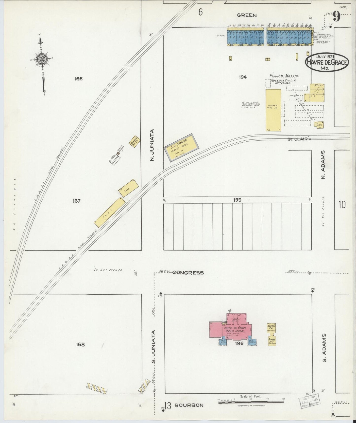 Sanborn Fire Insurance Map from Havre De Grace, Harford County, Maryland (1921), Sheet #0009 - Historic Sanborn Fire Insurance Map Print, vintage old map wall art