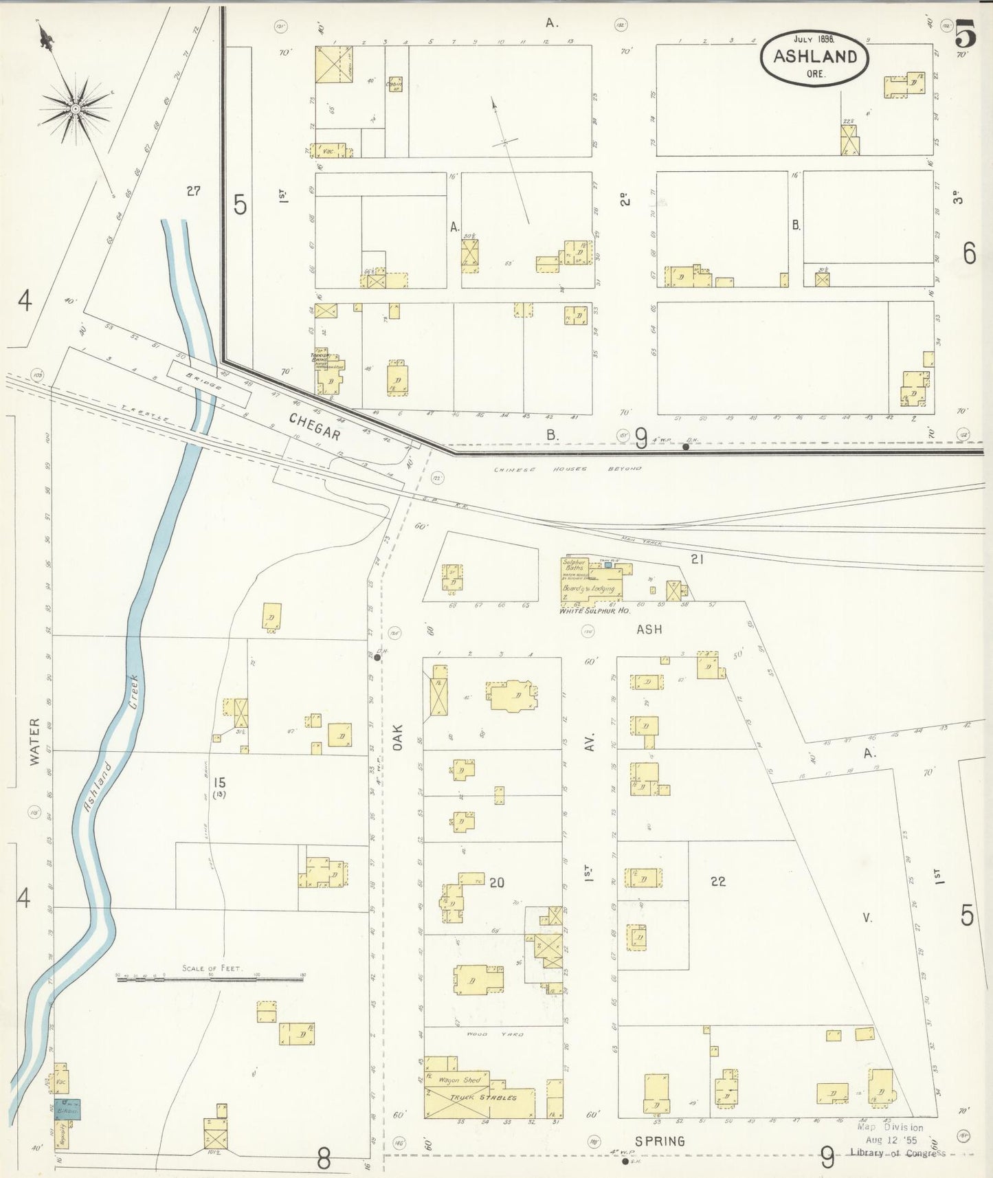 Sanborn Fire Insurance Map from Ashland, Jackson County, Oregon (1898), Sheet #0005 - Historic Sanborn Fire Insurance Map Print, vintage old map wall art, antique decor, genealogy gift, Oregon Oregon map