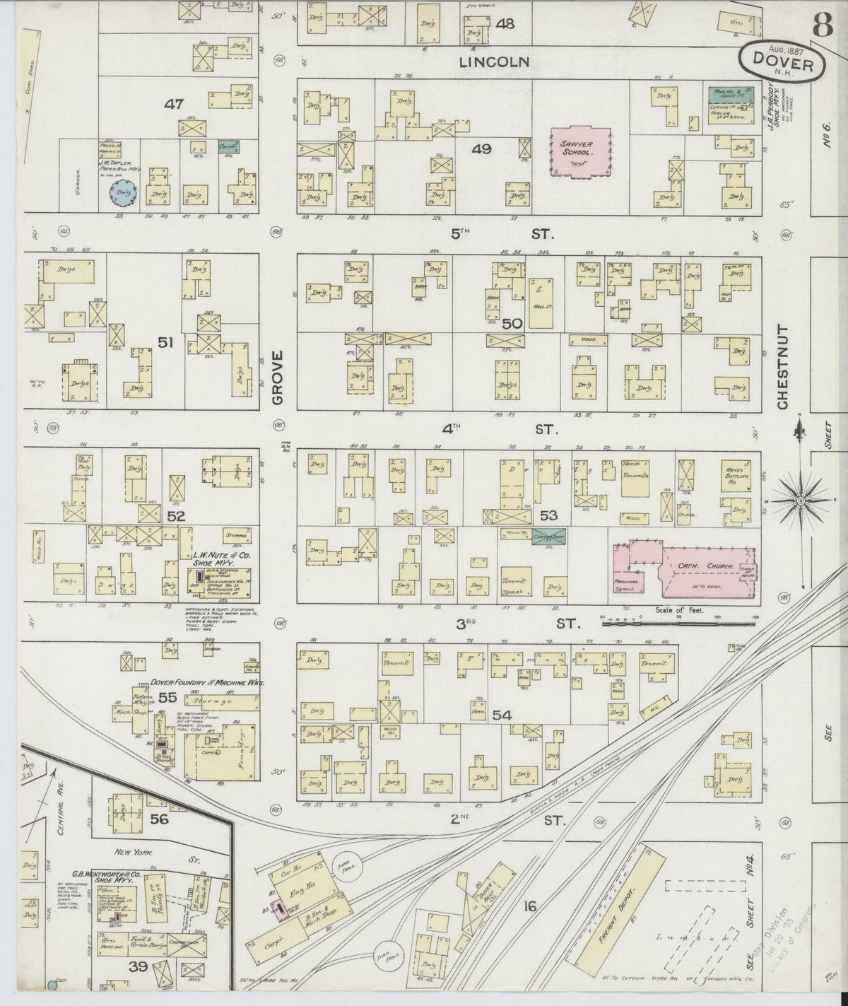 Sanborn Fire Insurance Map from Dover, Strafford County, New Hampshire (1889), Sheet #0008 - Historic Sanborn Fire Insurance Map Print, vintage old map wall art, antique decor, genealogy gift, New Hampshire New Hampshire map