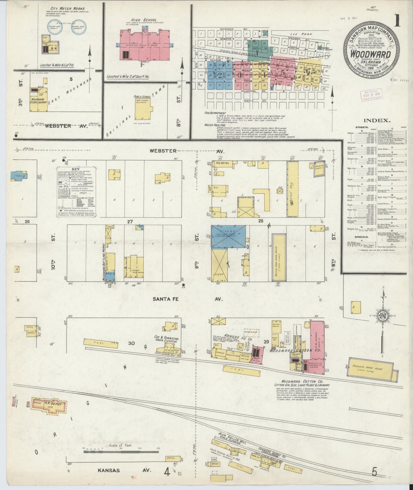 Sanborn Fire Insurance Map from Woodward, Woodward County, Oklahoma (1911), Sheet #0001 - Historic Sanborn Fire Insurance Map Print, vintage old map wall art, antique decor, genealogy gift, Oklahoma Oklahoma map