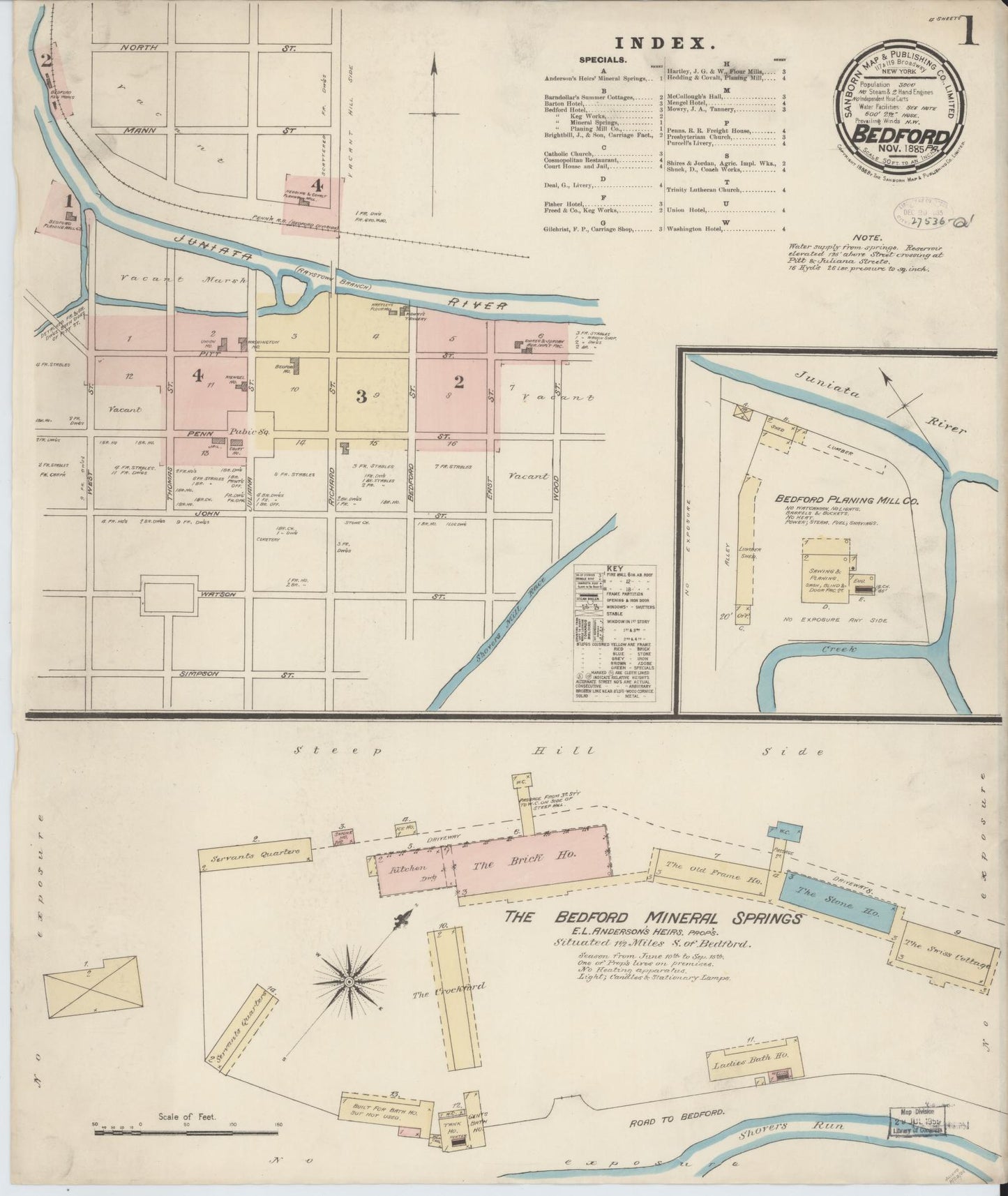 Sanborn Fire Insurance Map from Bedford, Bedford County, Pennsylvania (1885), Sheet #0001 - Historic Sanborn Fire Insurance Map Print, vintage old map wall art, antique decor, genealogy gift, Pennsylvania Pennsylvania map