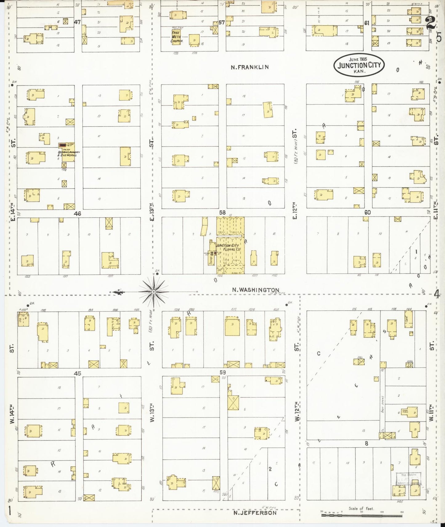 Sanborn Fire Insurance Map from Junction City, Geary County, Kansas (1905), Sheet #0002 - Historic Sanborn Fire Insurance Map Print, vintage old map wall art, antique decor, genealogy gift, Kansas Kansas map