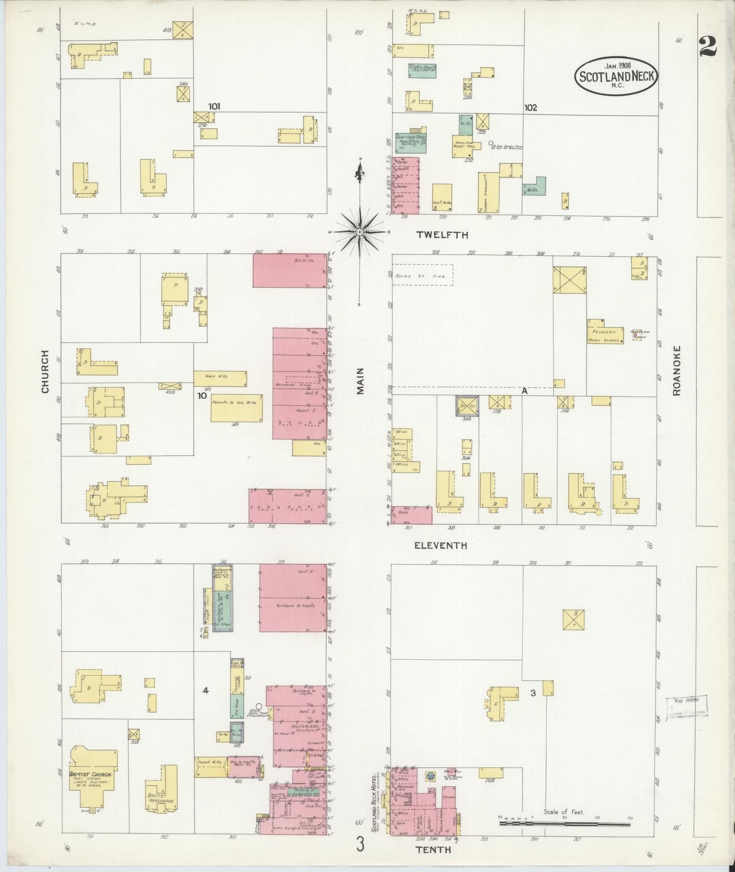Sanborn Fire Insurance Map from Scotland Neck, Halifax County, North Carolina (1908), Sheet #0002 - Historic Sanborn Fire Insurance Map Print, vintage old map wall art, antique decor, genealogy gift, North Carolina North Carolina map