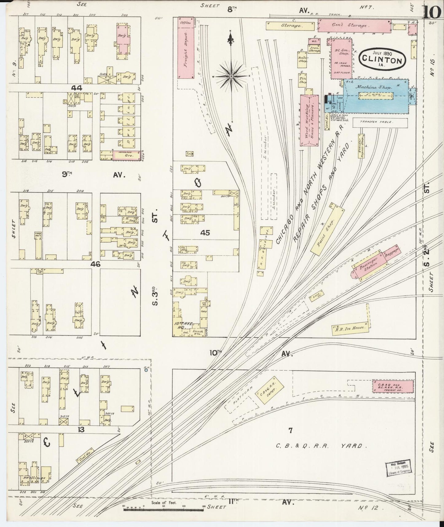 Sanborn Fire Insurance Map from Clinton, Clinton County, Iowa (1890), Sheet #0010 - Historic Sanborn Fire Insurance Map Print, vintage old map wall art