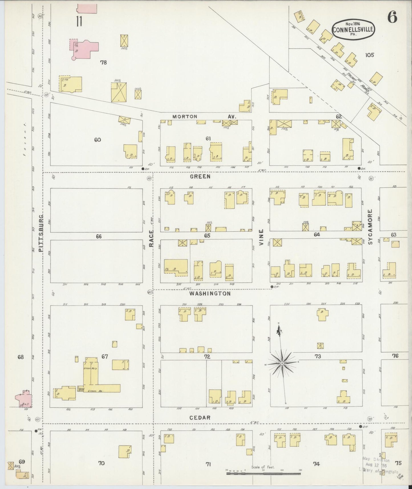 Sanborn Fire Insurance Map from Connellsville, Fayette County, Pennsylvania (1896), Sheet #0006 - Historic Sanborn Fire Insurance Map Print, vintage old map wall art, antique decor, genealogy gift, Pennsylvania Pennsylvania map