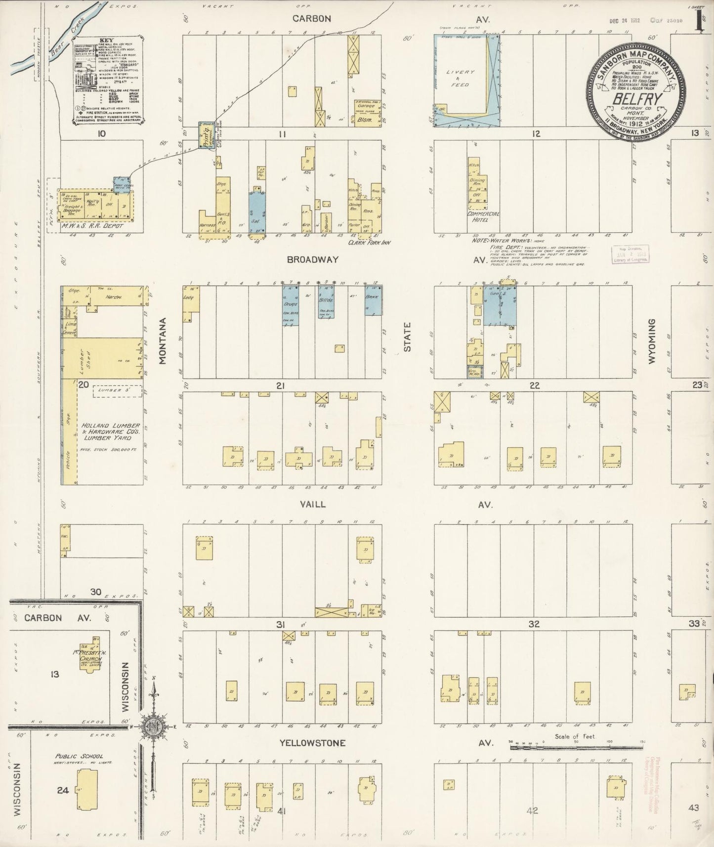 Sanborn Fire Insurance Map from Belfry, Carbon County, Montana (1912), Sheet #0001 - Historic Sanborn Fire Insurance Map Print, vintage old map wall art, antique decor, genealogy gift, Montana Montana map