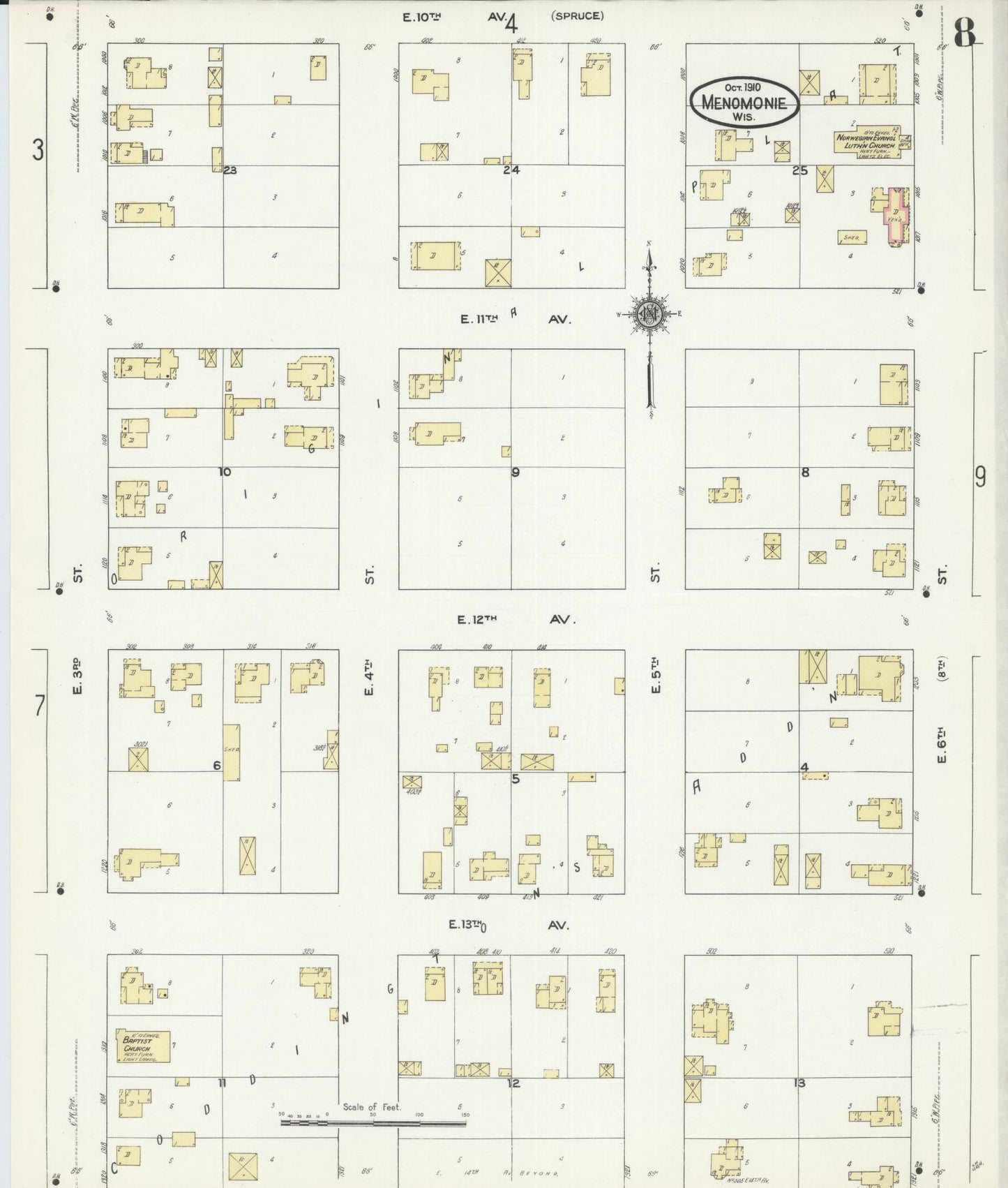 Sanborn Fire Insurance Map from Menomonie, Dunn County, Wisconsin (1910), Sheet #0008 - Historic Sanborn Fire Insurance Map Print, vintage old map wall art, antique decor, genealogy gift, Wisconsin Wisconsin map